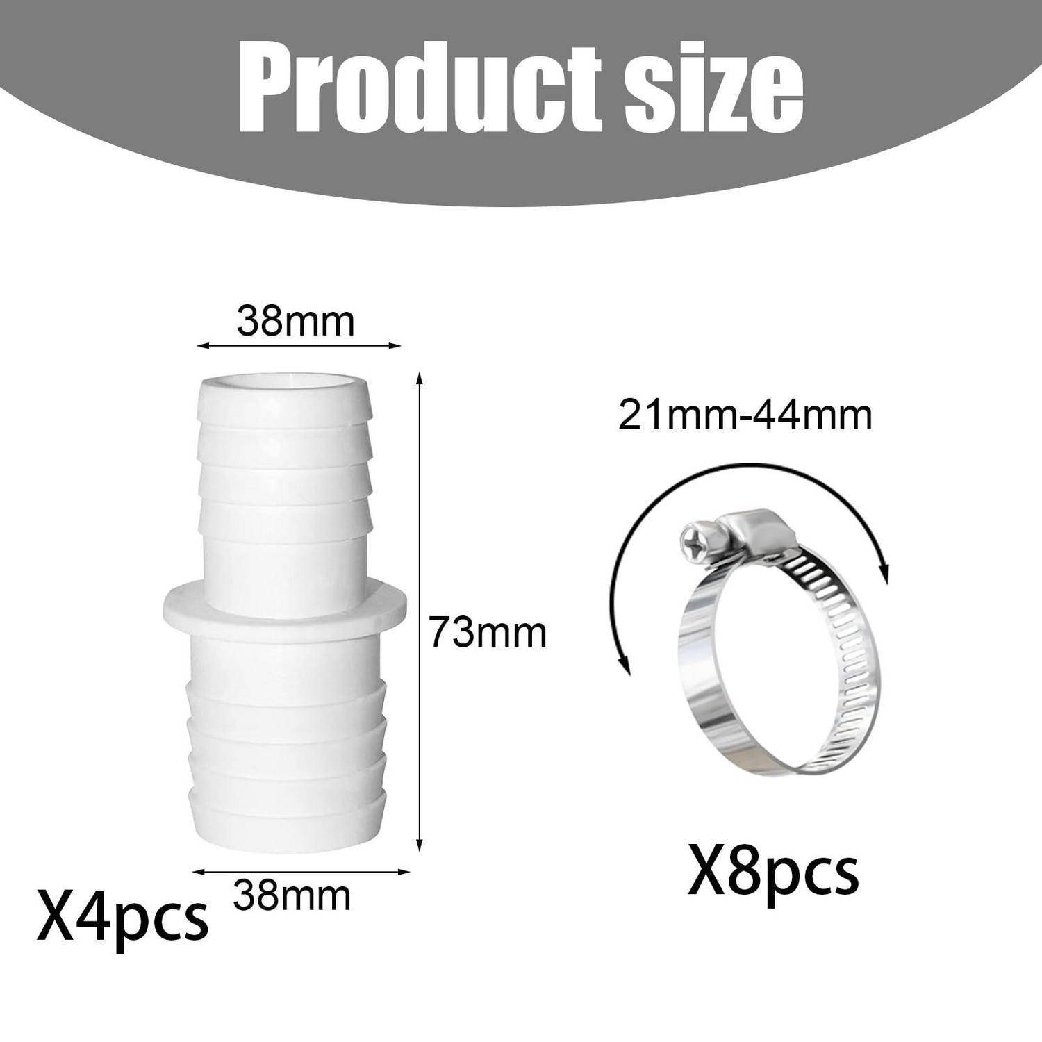 Größendiagramm des Produkts mit einem 38 mm x 73 mm Kunststoffverbinder, 4 Stück, und einer 21 mm-44 mm Schlauchschelle, 8 Stück.