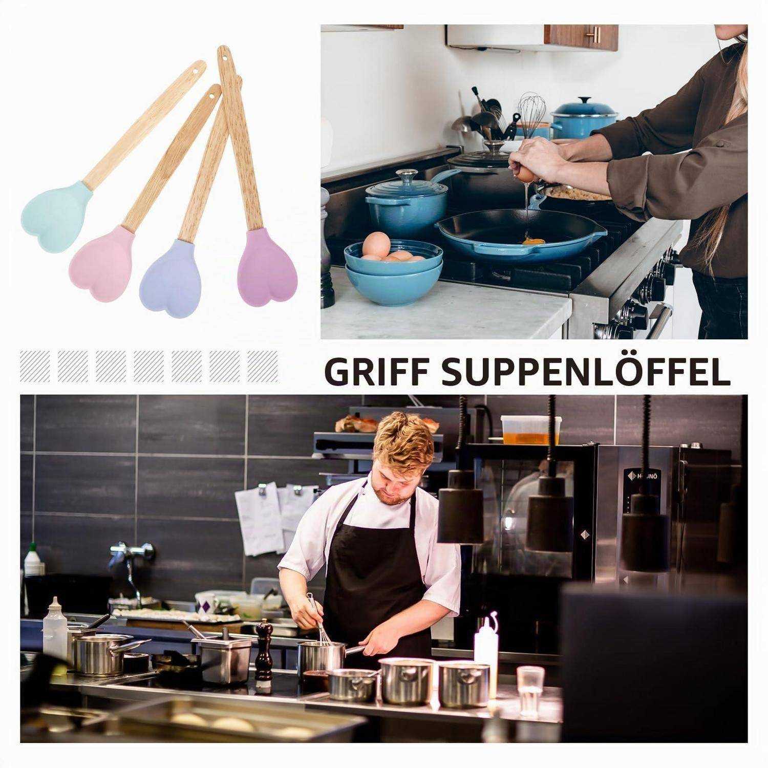 Collage mit pastellfarbenen Silikon-Spatel mit Holzgriffen und einem Chef, der sie am Herd verwendet; der Text lautet „GRIFF SUPPENLÖFFEL