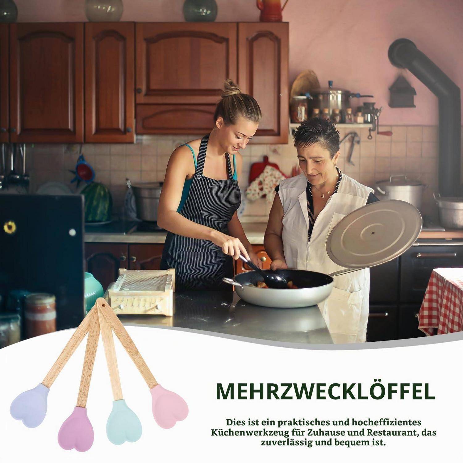 Zwei Frauen kochen in einer heimischen Küche, während eine Produktanzeige darunter pastellfarbene Messlöffel zeigt und der deutsche Text „MEHRZWECKLÖFFEL