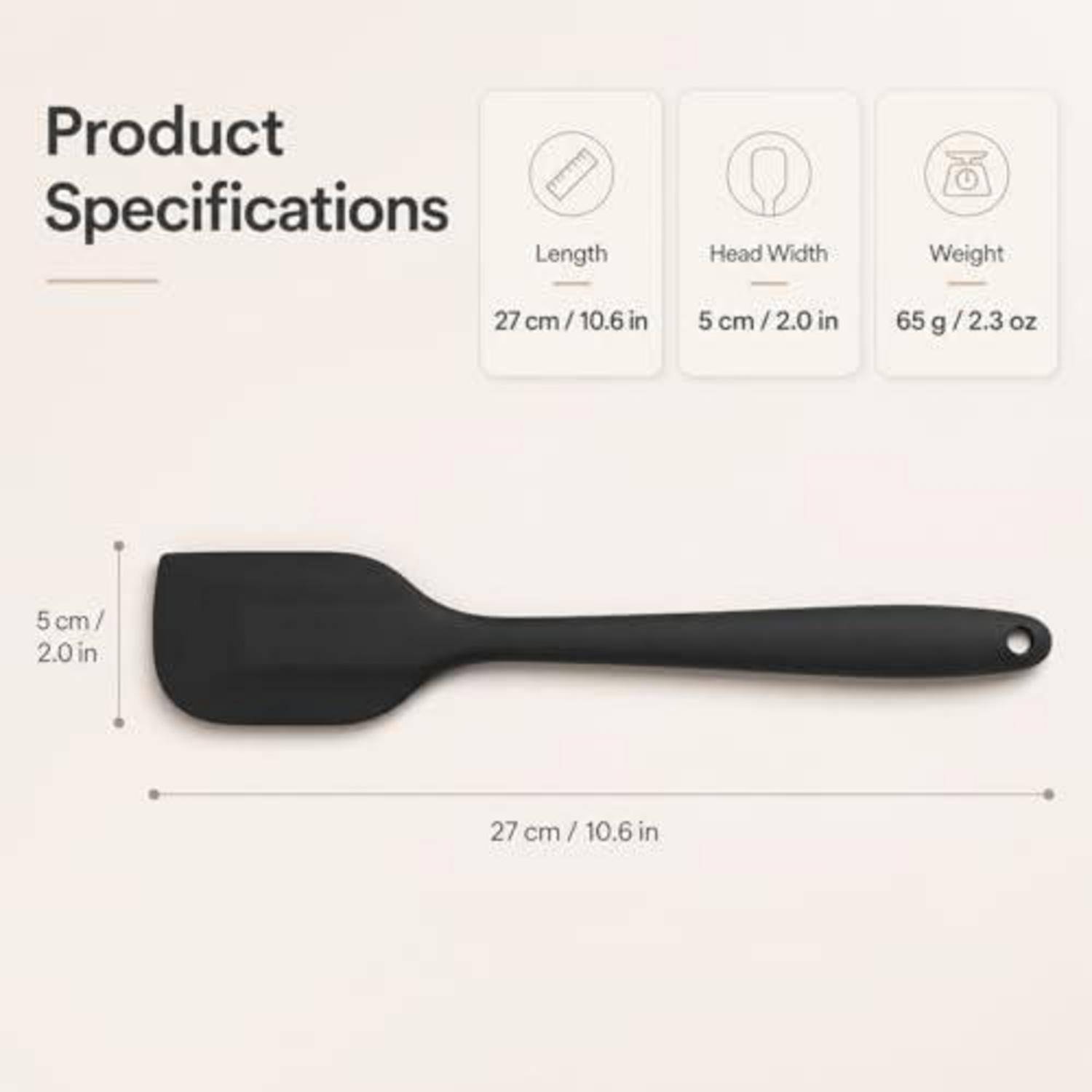 Produktspezifikationen für einen schwarzen Spatel: Länge 27 cm, Kopfbreite 5 cm, Gewicht 65 g, abgebildet mit beschrifteten Messungen.