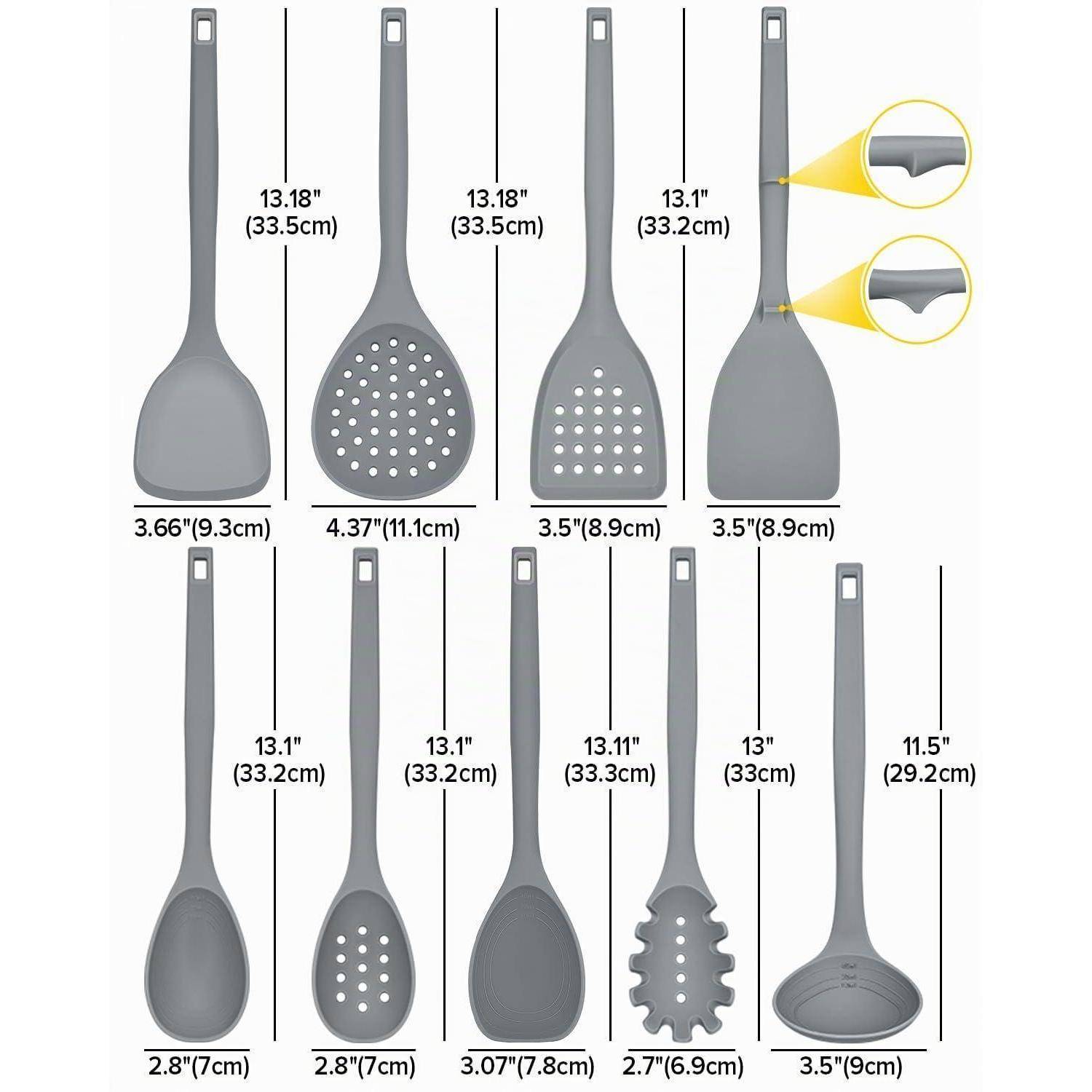 Größenvergleichstabelle für graue Küchenutensilien, die mehrere Löffel- und Spatelstile mit ihren Längen und Breiten in Zoll und Zentimetern zeigt.