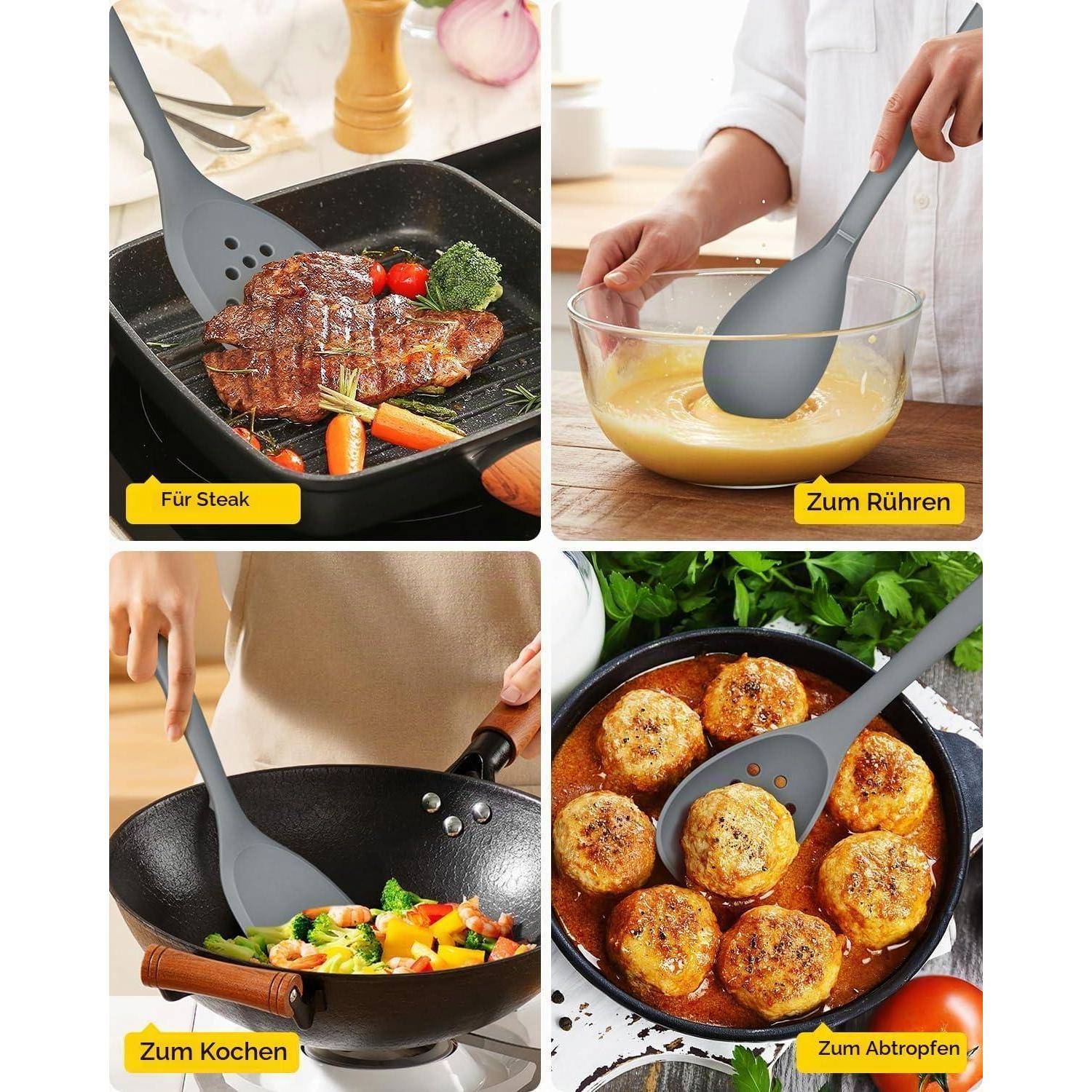 Collage, die einen grauen Silikonkochlöffel/Spatel zeigt, der zum Braten von Steaks, zum Rühren von Teig, zum Kochen von Gemüse in einem Wok und zum Abtropfen von gebratenen Frikadellen verwendet wird; Beschriftungen auf Deutsch.