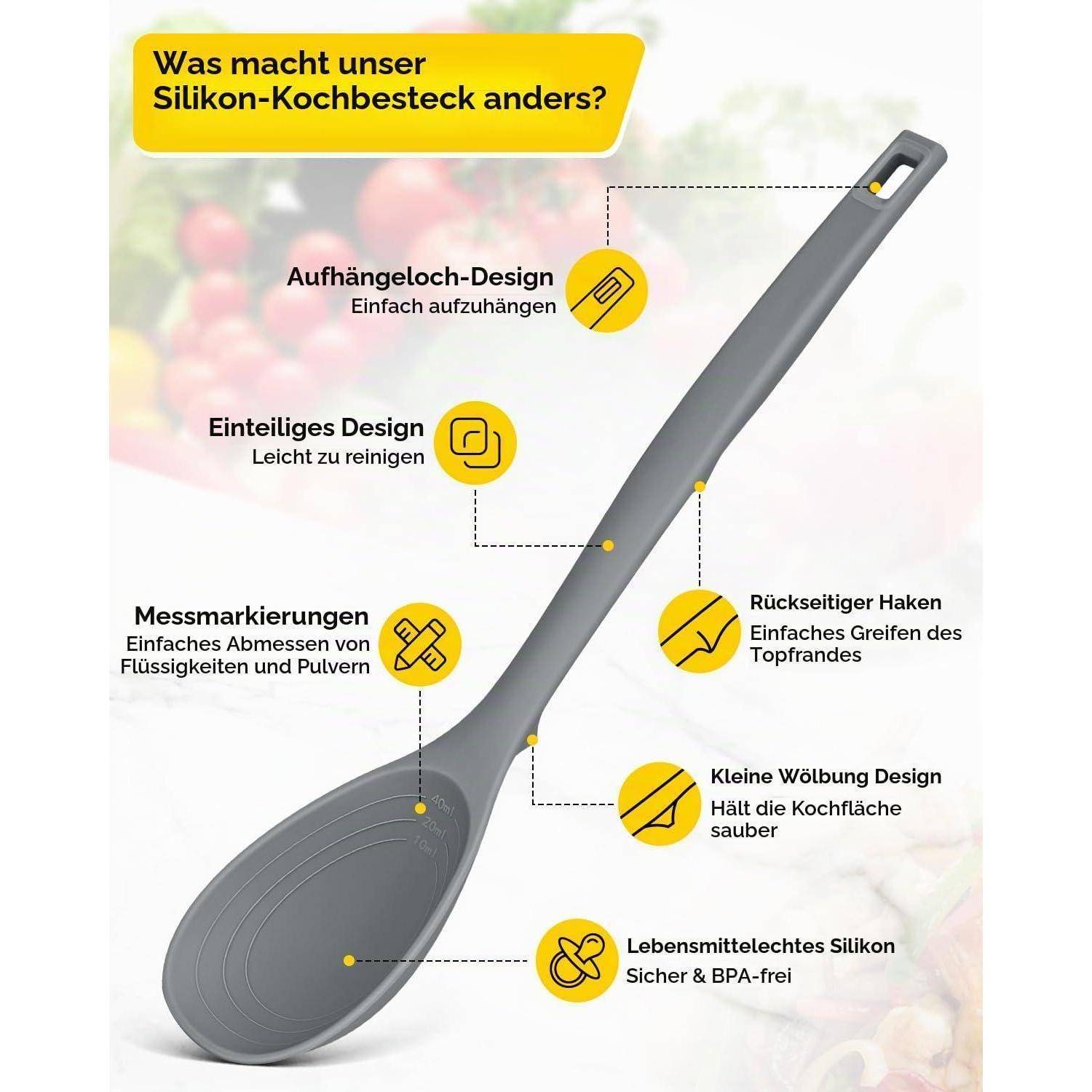 Illustration eines grauen Silikonkochlöffels mit deutschen Beschriftungen, die Merkmale hervorheben: Aufhängeloch, einteiliges Design, Messskalen, Rückenhaken und BPA-freies lebensmittelsicheres Silikon.