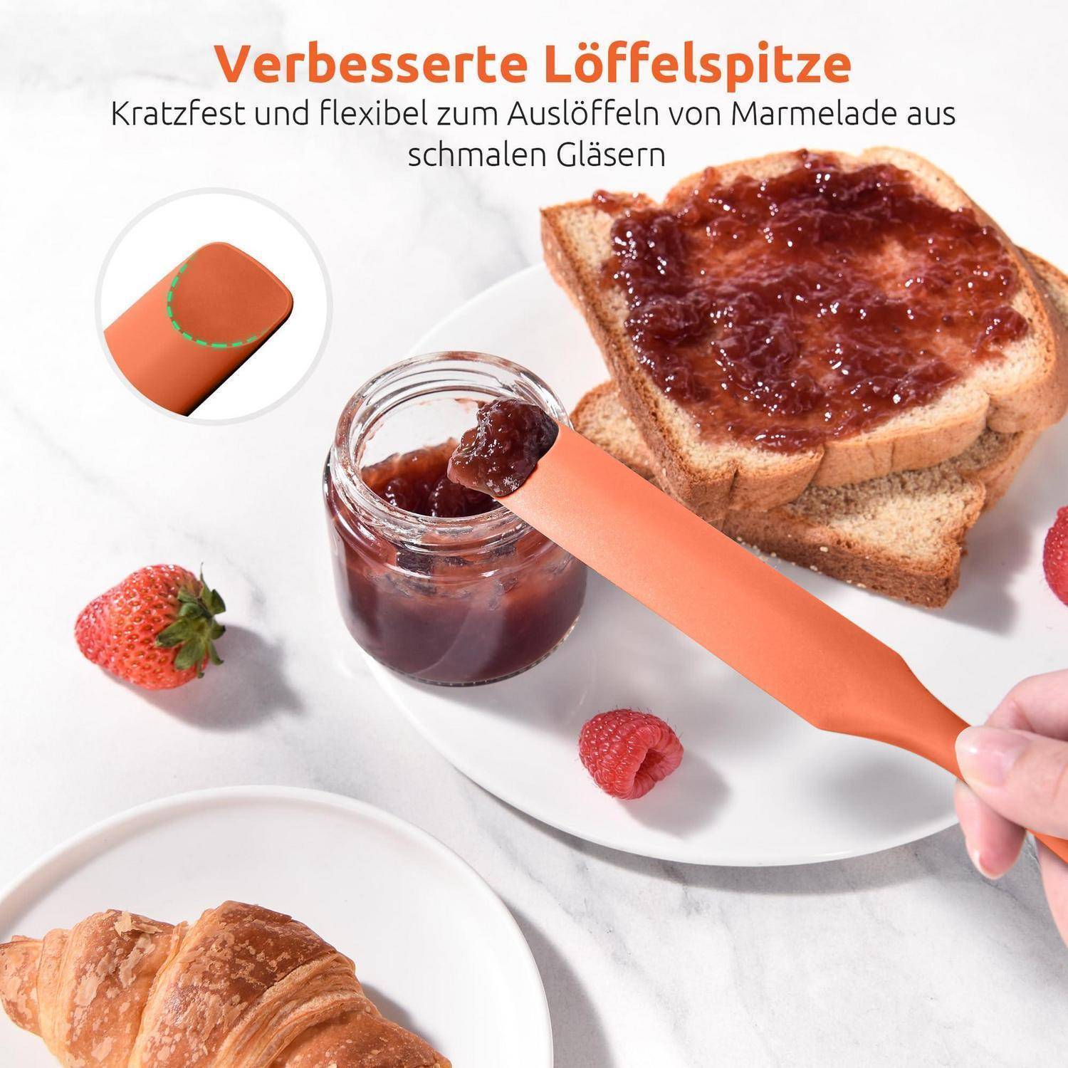 Deutsches Inserat, das eine verbesserte Löffeltspitze zum Kratzen von Marmelade aus engen Gläsern zeigt, mit Toast, einem Marmeladenglas und einer Nahaufnahme des flexiblen orangefarbenen Utensils.
