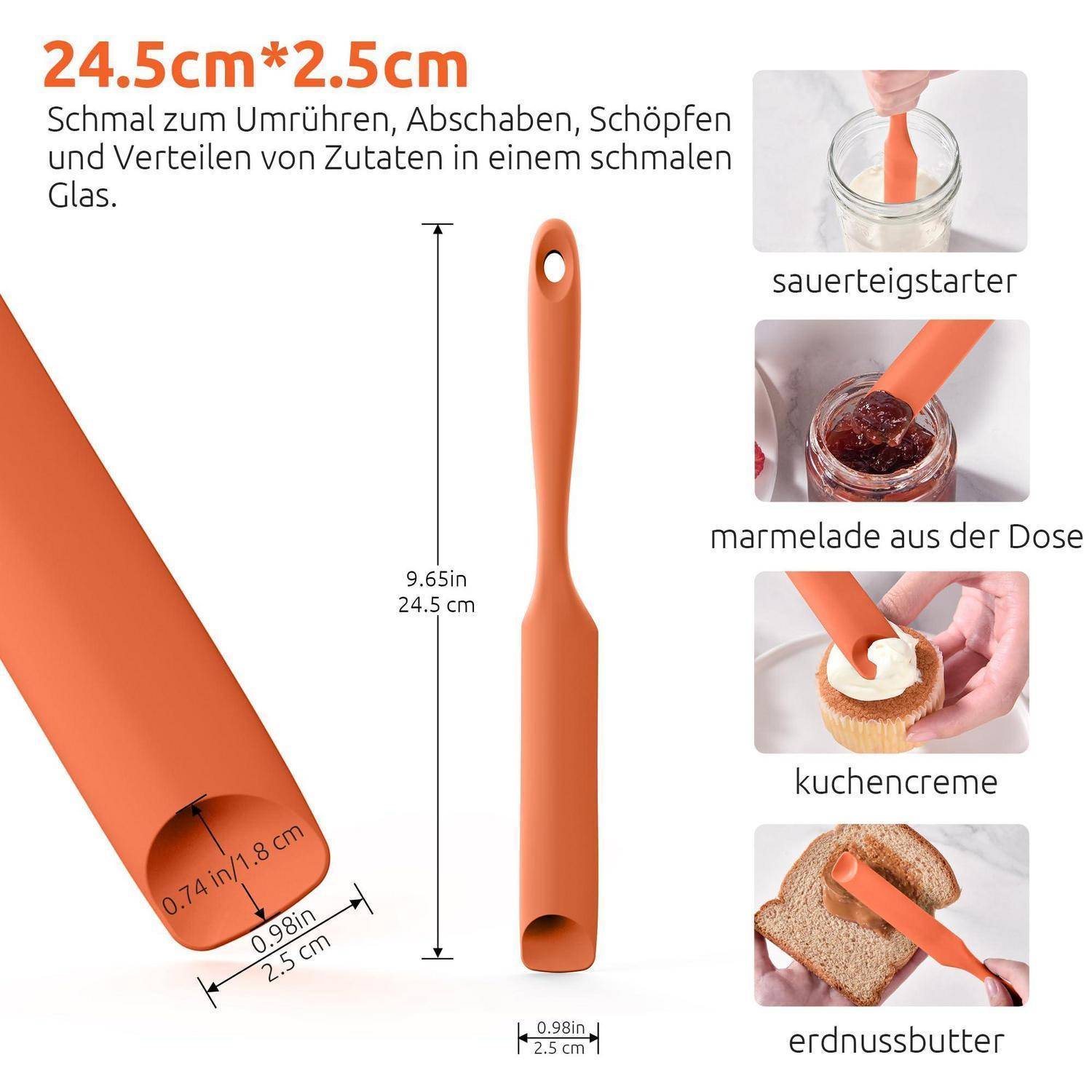 Oranges schmal geschnittener Silikonspatel, 24,5 cm lang und 2,5 cm breit, gezeigt mit Anwendungen für Sauerteigstarter, Marmelade, Tortendecke und Erdnussbutter.
