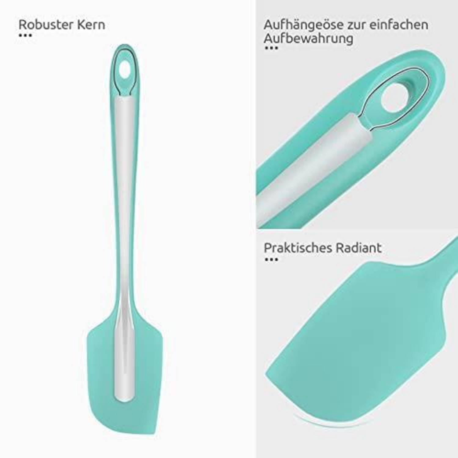 Türkisfarbener Silikonspatel mit Edelstahlgriff, in voller Länge und in Nahaufnahme dargestellt, mit Hervorhebung des stabilen Kerns, des Aufhängelochs und des flexiblen Kopfs.