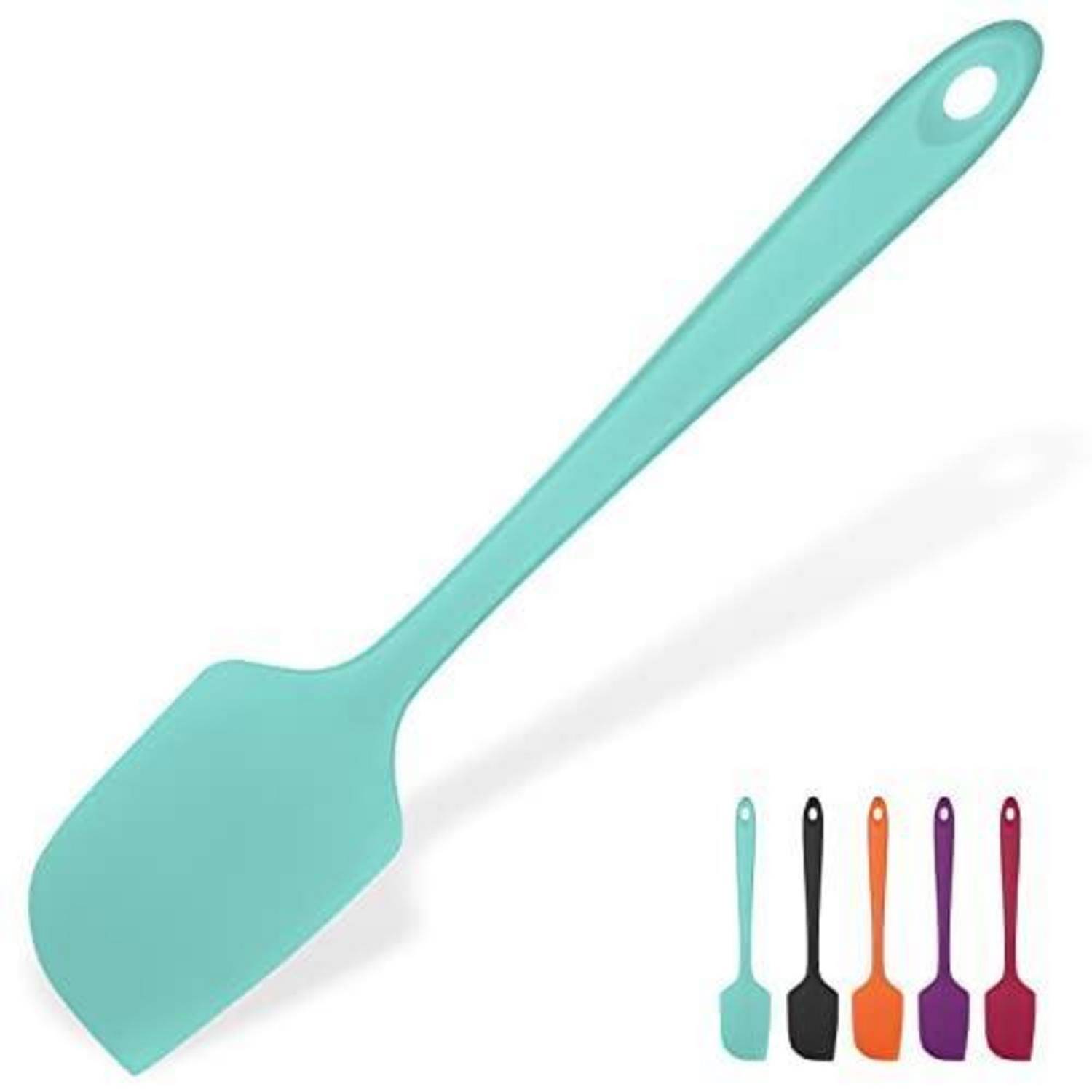 Spatula aus Teal-Silikon mit langem Griff und Aufhängeloch, gezeigt mit vier kleineren Farbvarianten: Teal, Schwarz, Orange, Lila und Rot.