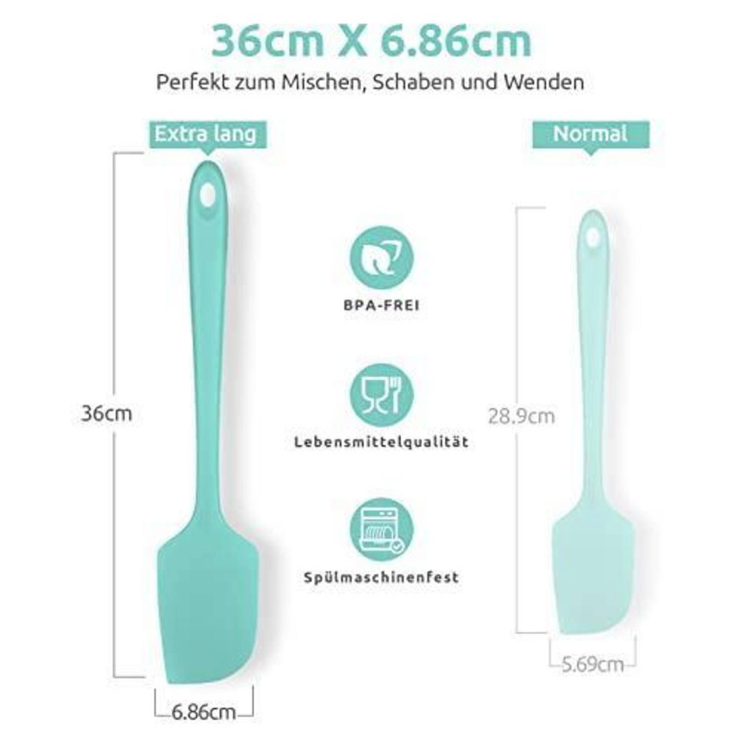 Vergleichsgrafik zweier türkisfarbener Spatel: extra-lang 36 cm x 6,86 cm und normal 28,9 cm x 5,69 cm, gekennzeichnet mit BPA-frei, lebensmittelsicher und spülmaschinenfest.