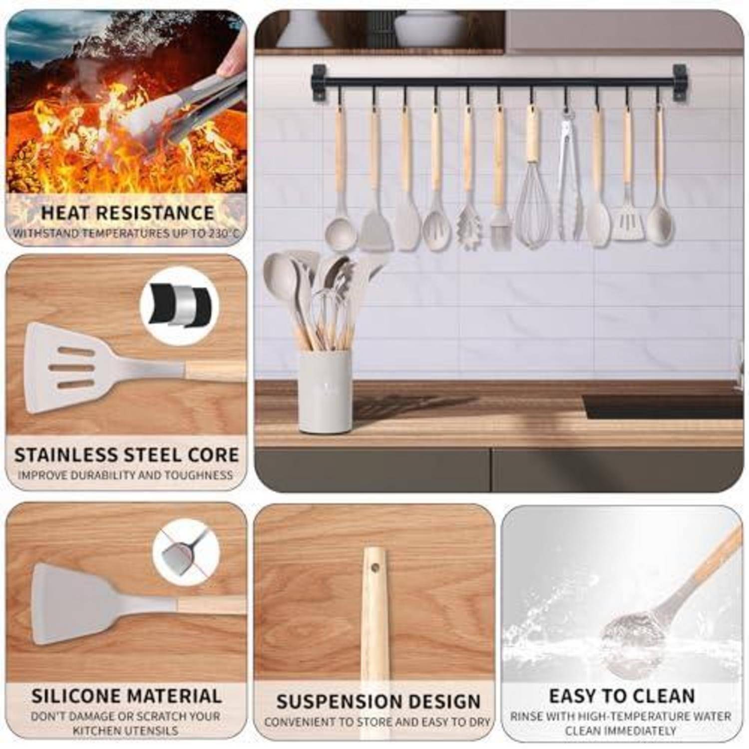 # Collage zur Werbung für ein hängendes Küchenutensilienset mit Schöpfkelle, Löffeln, Spatel und Schneebesen; hebt Wärmefestigkeit, Edelstahlkern, Silikonmaterial, Aufhängedesign und einfache Reinigung hervor.