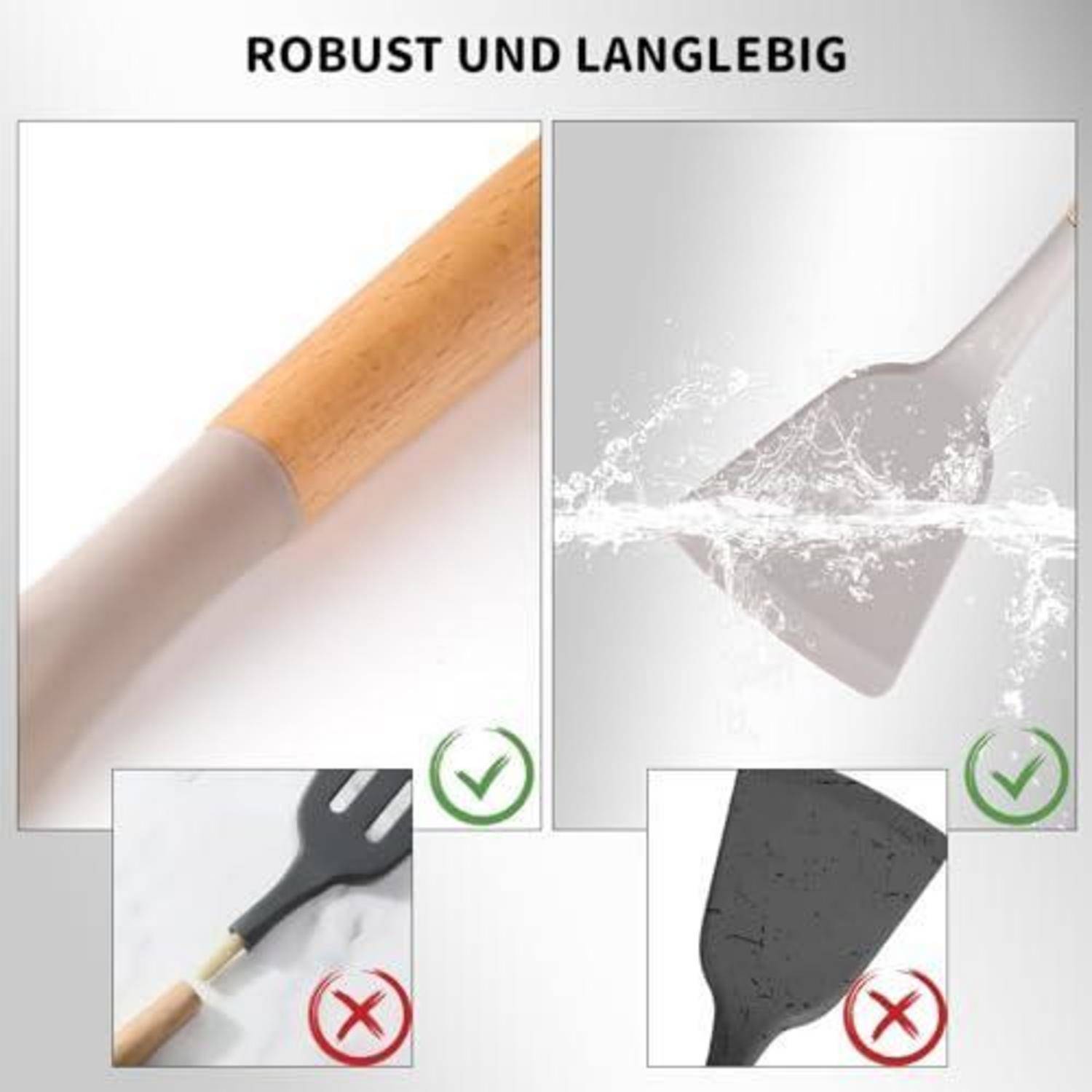 Produktanzeige für ein langlebiges Werkzeug oder eine Spachtel mit Holzgriff, mit Häkchen für einen robusten Metallkopf und Wasserbeständigkeit sowie X-Marken für falsche Befestigungen.