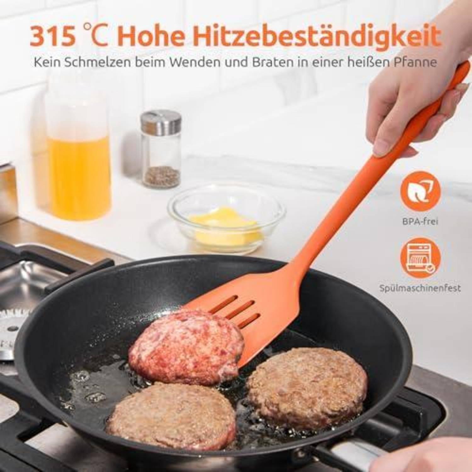 Oranger Spatel, der Burgerpattys in einer heißen Pfanne wendet, mit deutschem Text, der '315 °C hohe Hitzebeständigkeit', BPA-frei und spülmaschinenfest bewirbt.