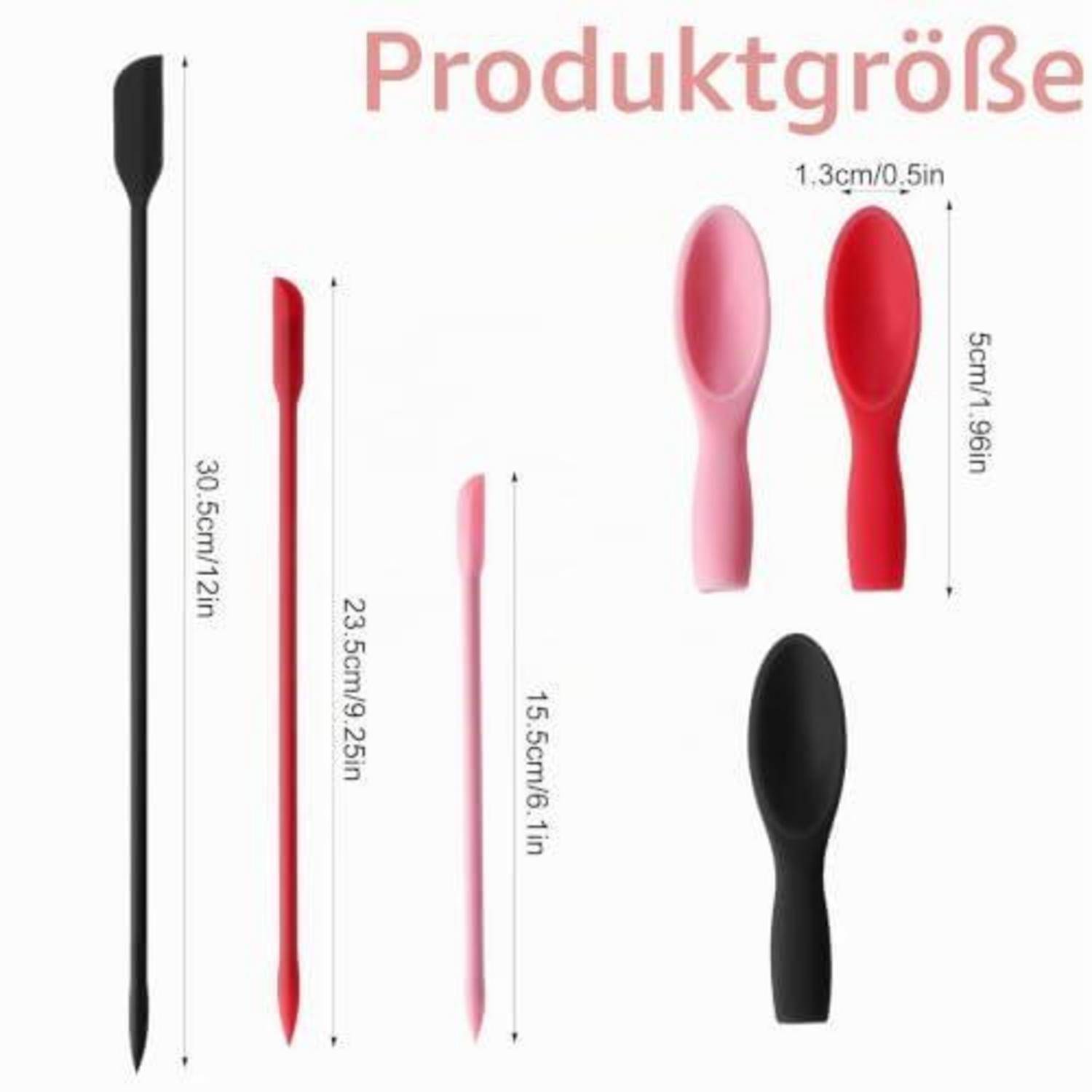 Produktgrößenvergleichsbild mit Silikonspachteln/Löffeln in Schwarz, Rot und Rosa mit beschrifteten Längen von 15,5 cm bis 30,5 cm und Löffelkopfbreite von 5 cm.