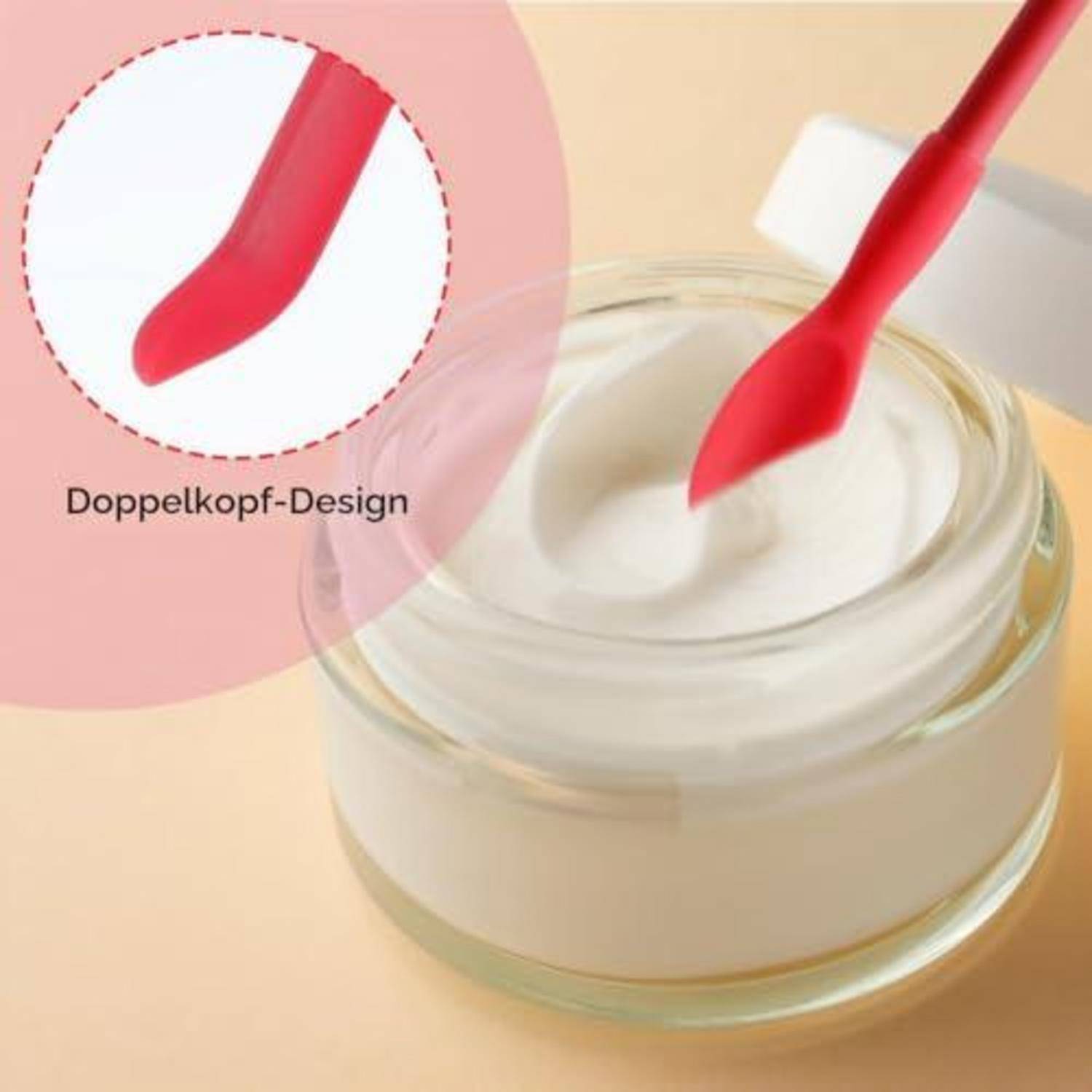 Glasgefäß mit Creme und rotem doppelseitigem Spatel, der Produkt aufträgt; Einsatz hebt die Form des 