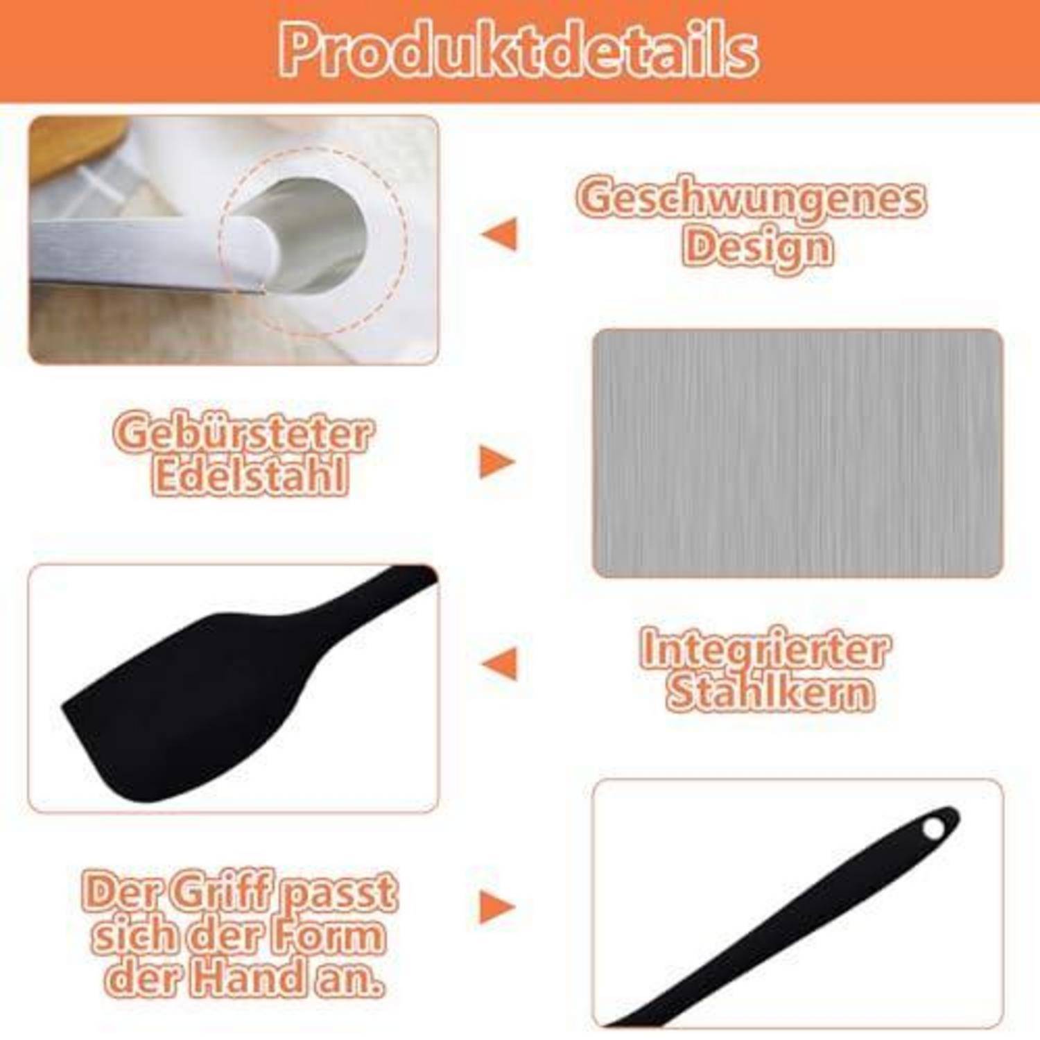 Deutsches Produktdetail-Grafikbild eines Edelstahl-Küchenutensils mit gebogenem Design, gebürsteter Oberfläche, integriertem Stahlkern und ergonomischem Griff, der sich der Hand anpasst.