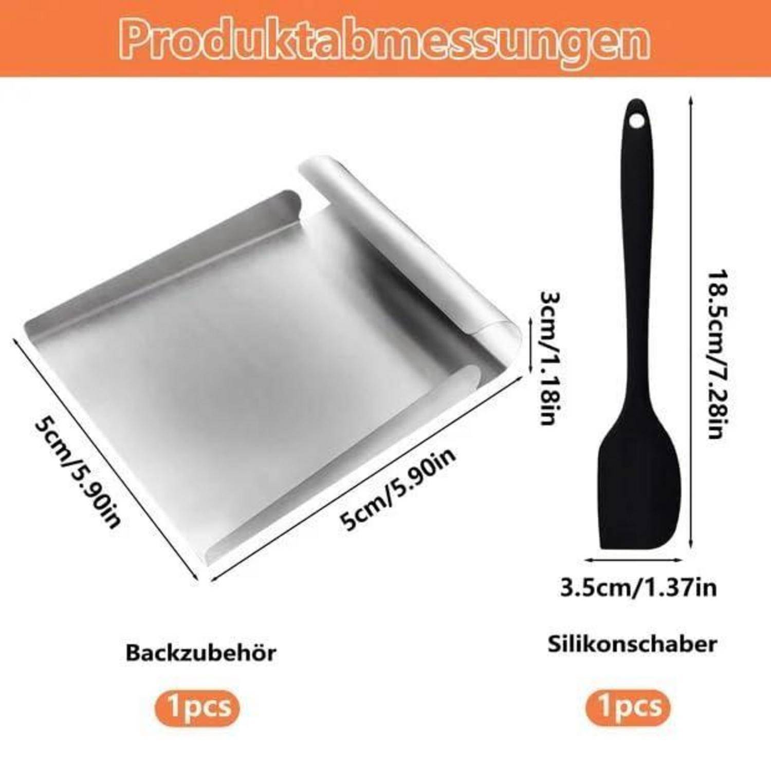 Produktdimensionen-Grafik, die ein 5 cm x 5 cm großes Backblechset und einen Silikonschaber mit einer Länge von 18,5 cm und einer Breite von 3,5 cm zeigt, jeweils mit der Bezeichnung 1 Stück.