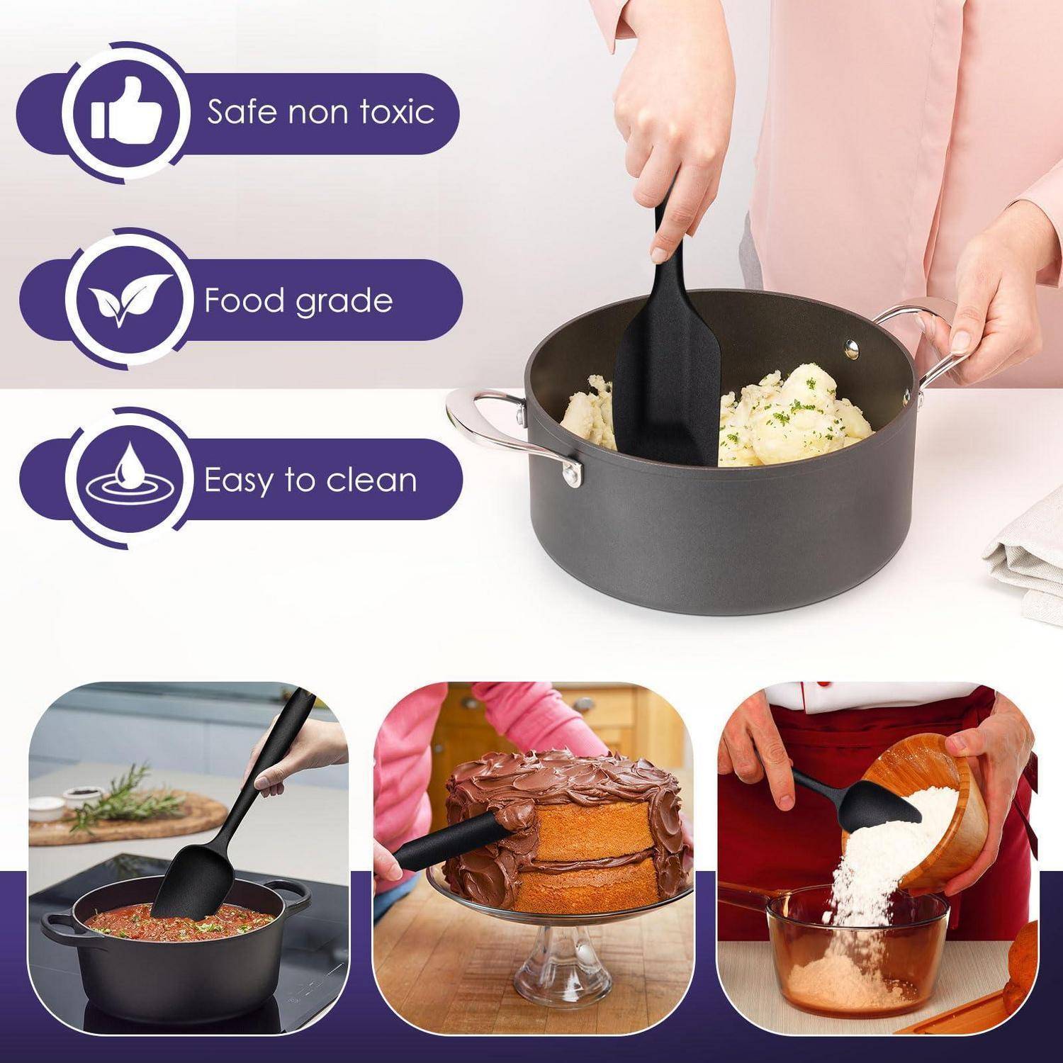 Werbebild eines schwarzen Silikon-Spachtels und Kochgeschirr-Sets, das zum Kochen, Backen und Mischen verwendet wird, mit den Etiketten „Sicher ungiftig
