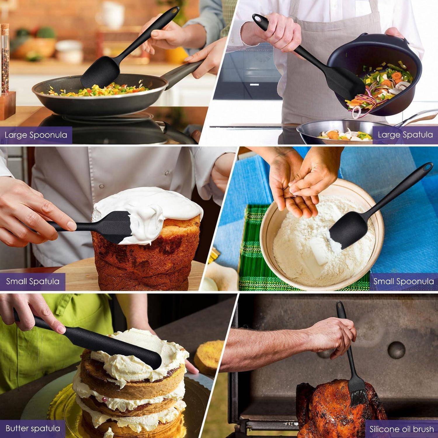 Collage zeigt schwarze Silikon-Küchenutensilien in Gebrauch: großer Spoonula, großer Spatel, kleiner Spatel, kleiner Spoonula und Butterspatel zum Rühren, Kratzen, Glasieren und Begießen.