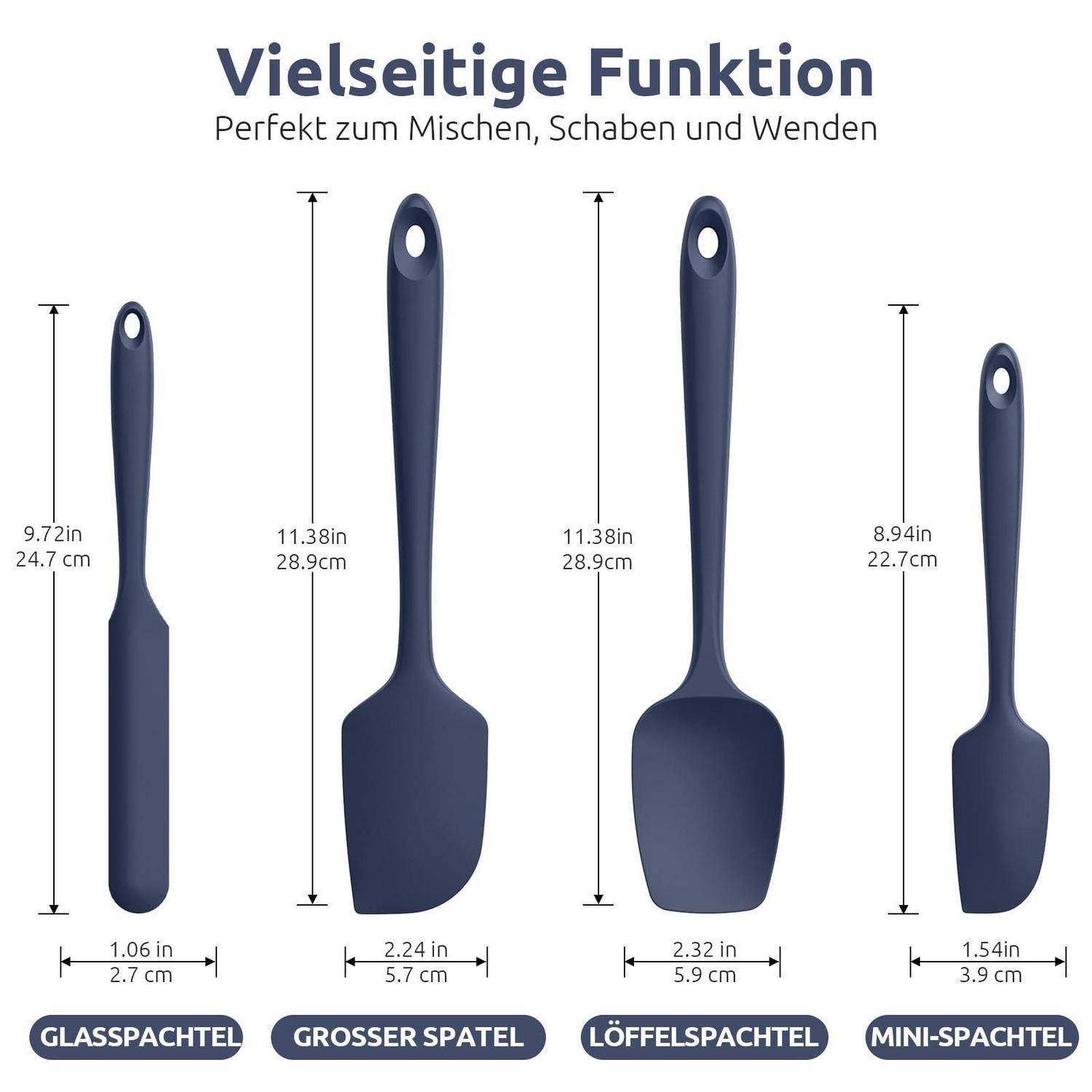 Produktvergleichsbild von vier marineblauen Silikonspachteln mit deutschem Text „Vielseitige Funktion