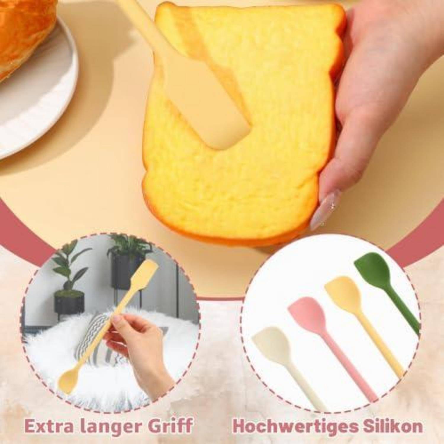 Hand, die mit einem langstieligen Silikonspachtel Butter auf Toast verteilt; eingefügte Kreise zeigen den besonders langen Griff und Silikonspachtel in mehreren Farben.