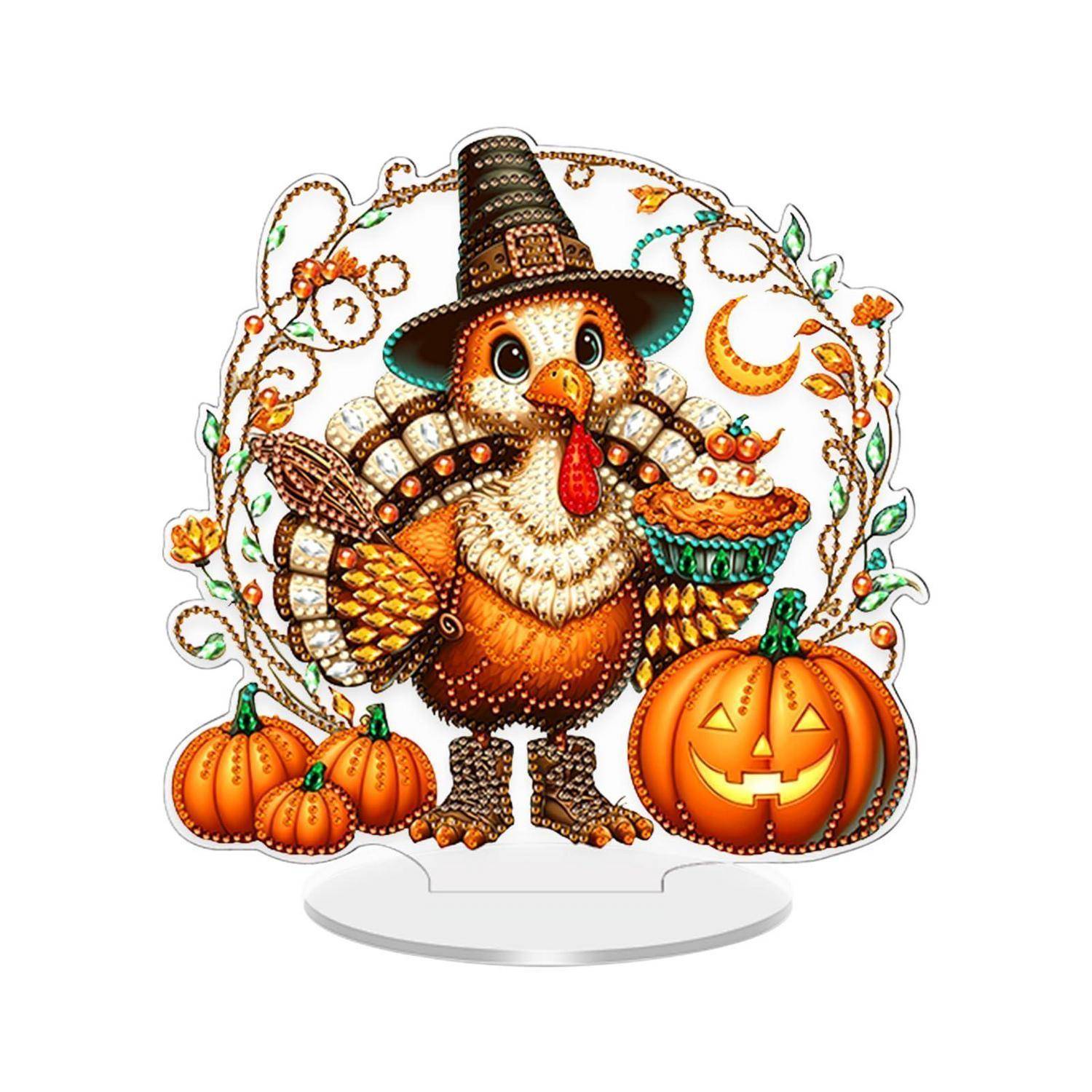 Dekorative Thanksgiving-Truthahn-Illustration, die einen Pilgerhut trägt, einen Kuchen hält, mit Kürbissen und Herbstranken auf einem Ständer.