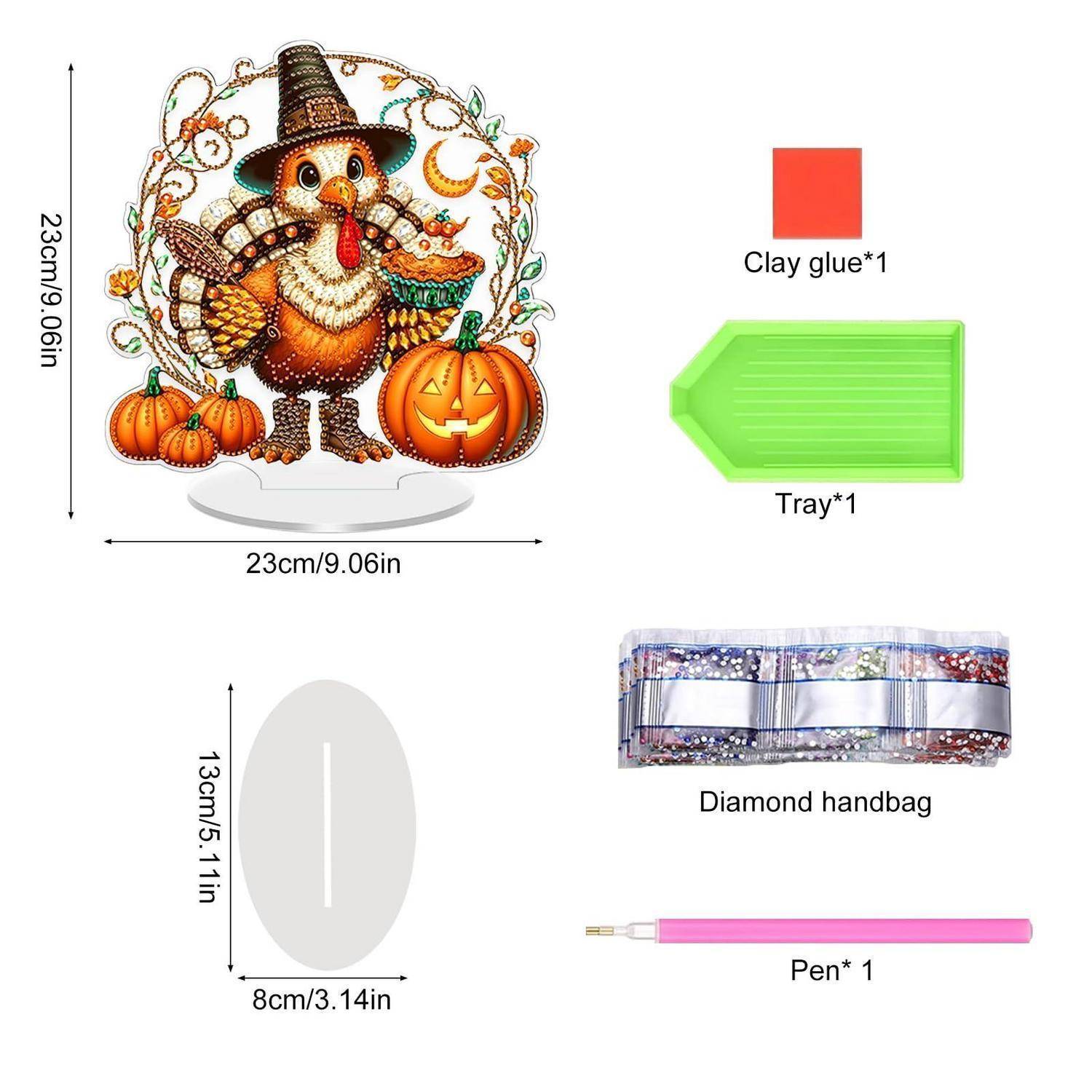 Produktkomponentenlayout mit einer 23 cm großen Truthahn-und-Kürbis-Dekoration, 1 Leimquadrat aus Ton, 1 grünem Tablett, einer 13 x 8 cm großen ovalen Basis, einer Diamant-Handtasche und 1 rosa Stift.