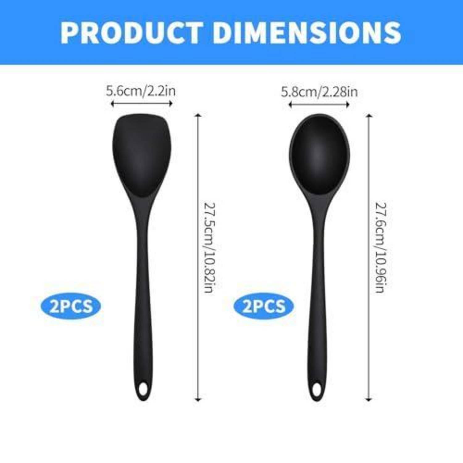 Produktabmessungstabelle mit zwei schwarzen Löffeln, jeder 27,5-27,6 cm lang; linker Löffel ist 5,6 cm breit, rechter Löffel ist 5,8 cm breit; jeweils mit „2 STÜCK