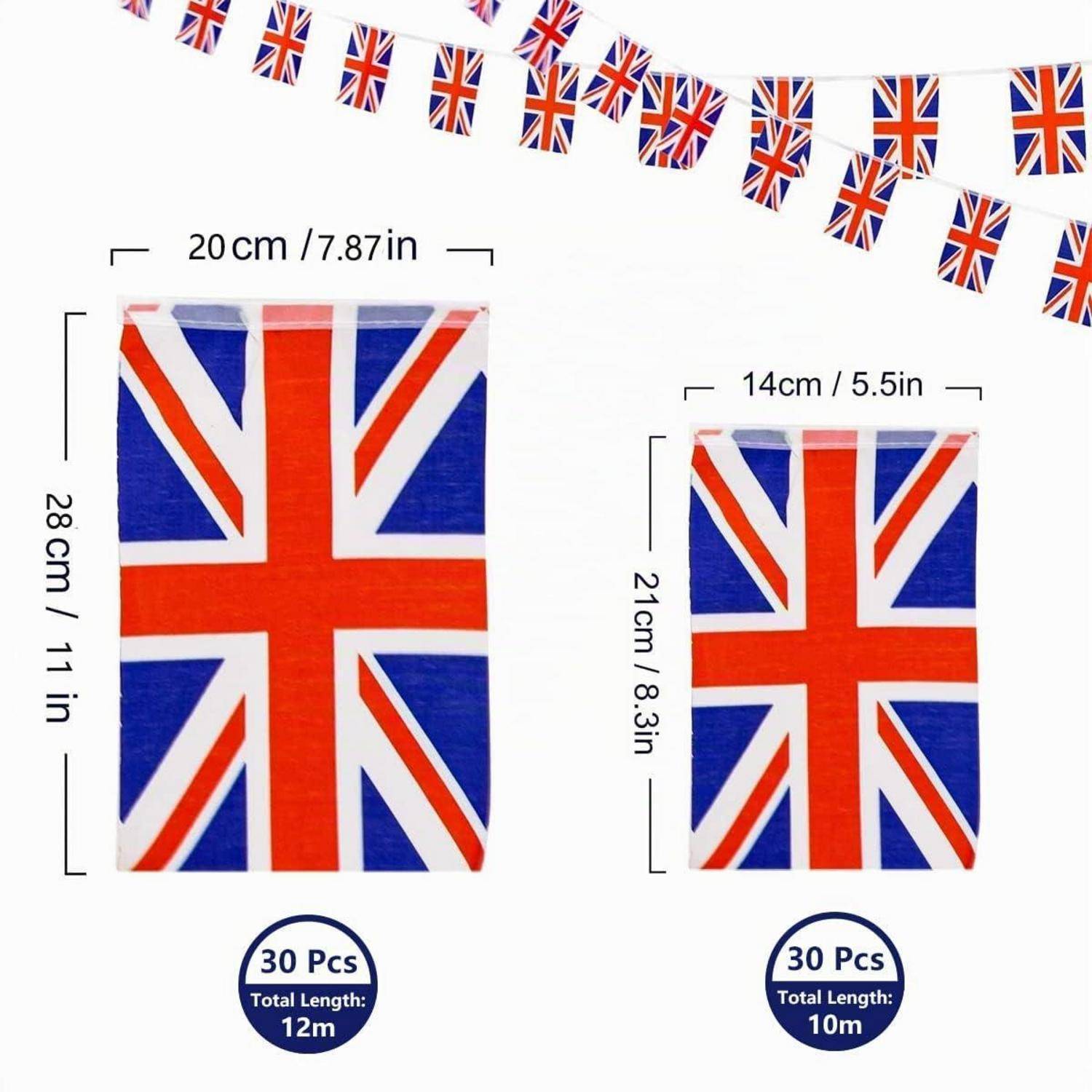 Produktbild mit zwei Flaggenketten mit Unionjack-Motiv in verschiedenen Größen: 20 x 28 cm und 14 x 21 cm, jedes Paket mit 30 Stück gekennzeichnet mit Gesamtlängen von 12 m und 10 m.