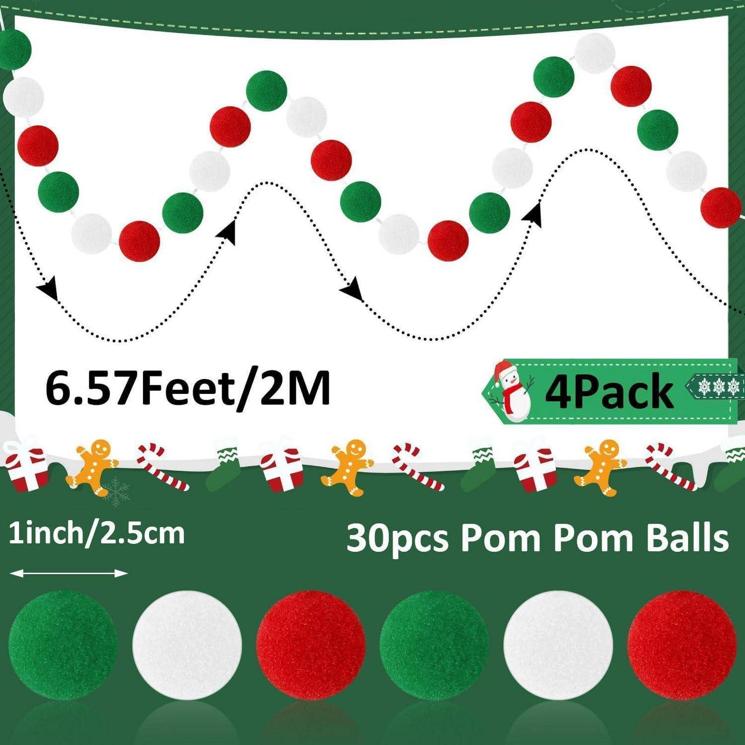Produktbild einer 30er-Set 1-Zoll-Bommel-Ball-Girlande, 6,57 Fuß lang, in Rot, Grün und Weiß, mit "4er-Pack""-Etikett und Weihnachtsdekoration-Grafik.
