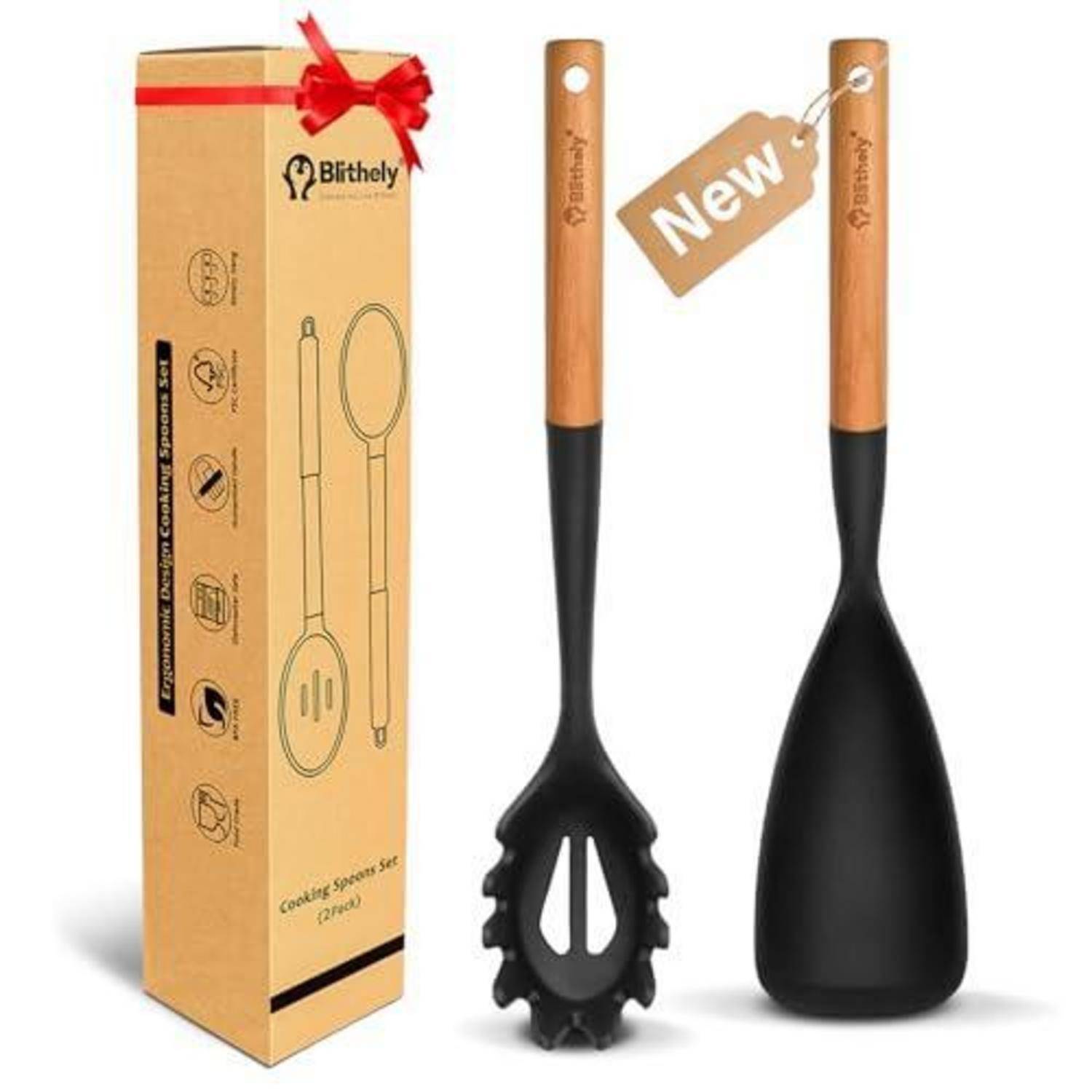 Produktfoto eines Bithley 2-teiligen Kochutensilien-Sets in einer Geschenkbox, das einen schwarzen Löffel und einen Pasta-Server mit Holzgriffen und einem „Neu