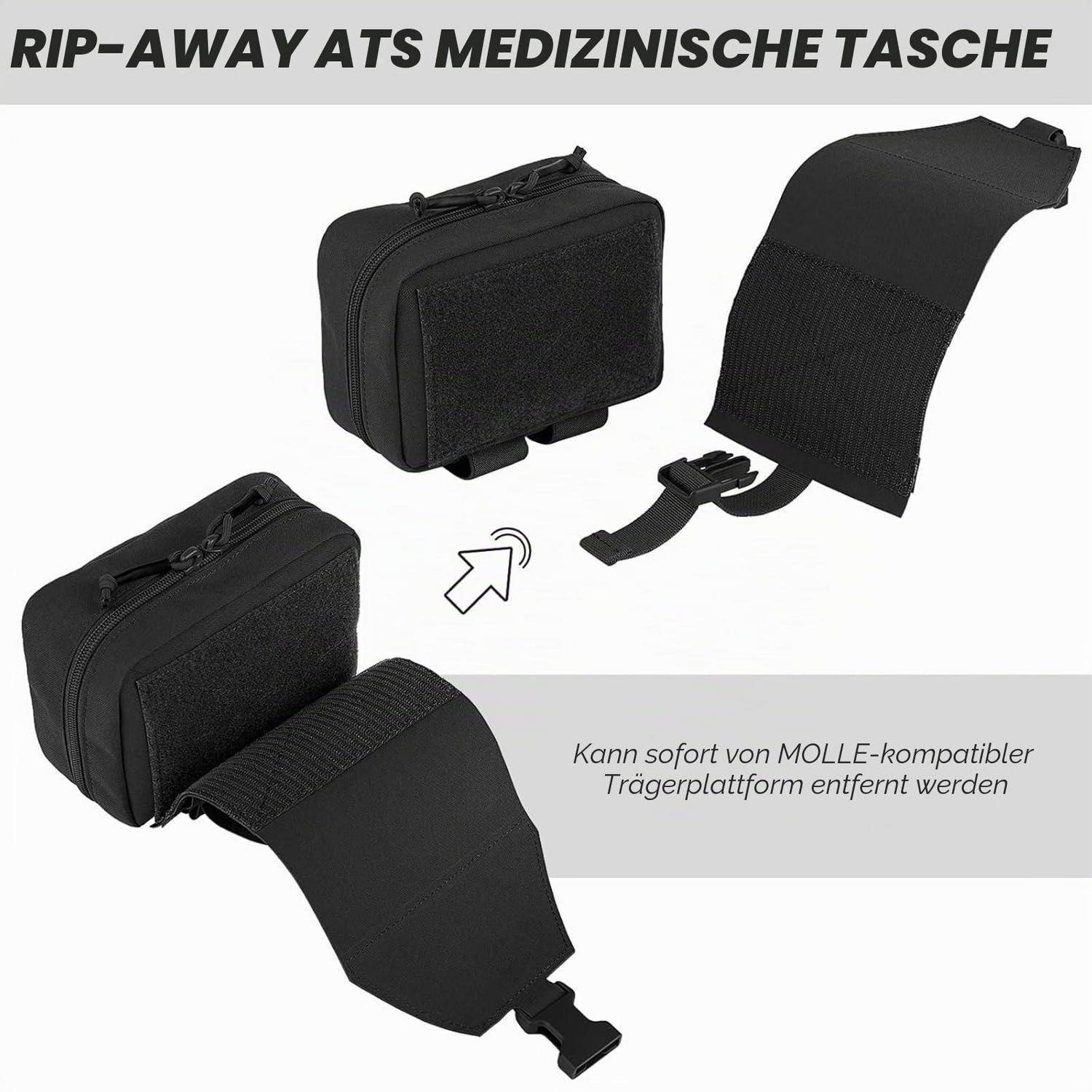 Produktgrafik zeigt ein schwarzes Abreißmedizinisches Etui, das sich von einer MOLLE-kompatiblen Plattform ablöst, mit deutschem Text, der schnelle Entfernung erklärt.