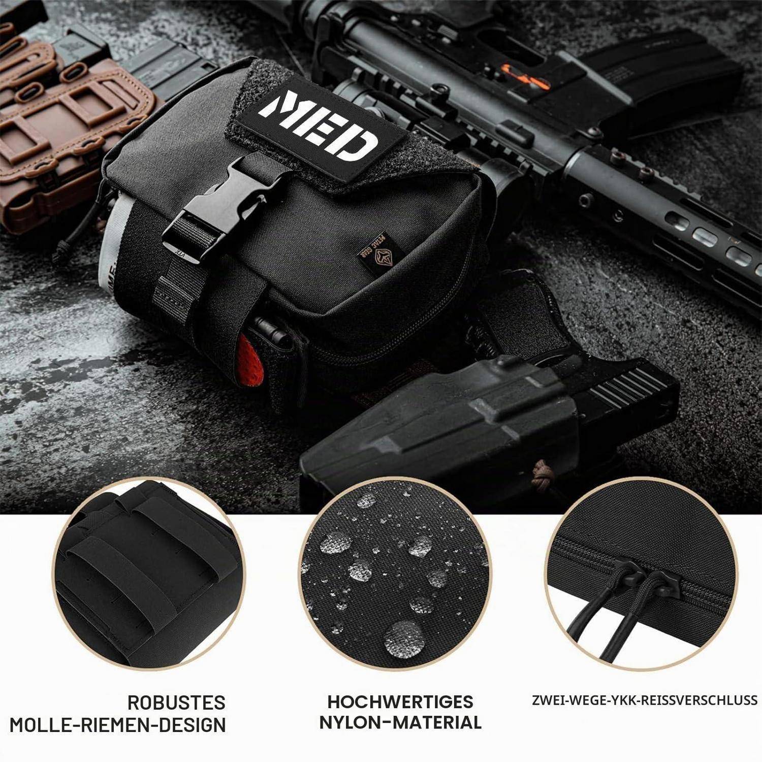 Schwarze taktische MOLLE-Tasche mit Schnalle an einem Gewehr, dargestellt als Produktanzeige, die robuste MOLLE-Riemen, wasserundurchlässiges Nylon und doppelten Reißverschluss hervorhebt.