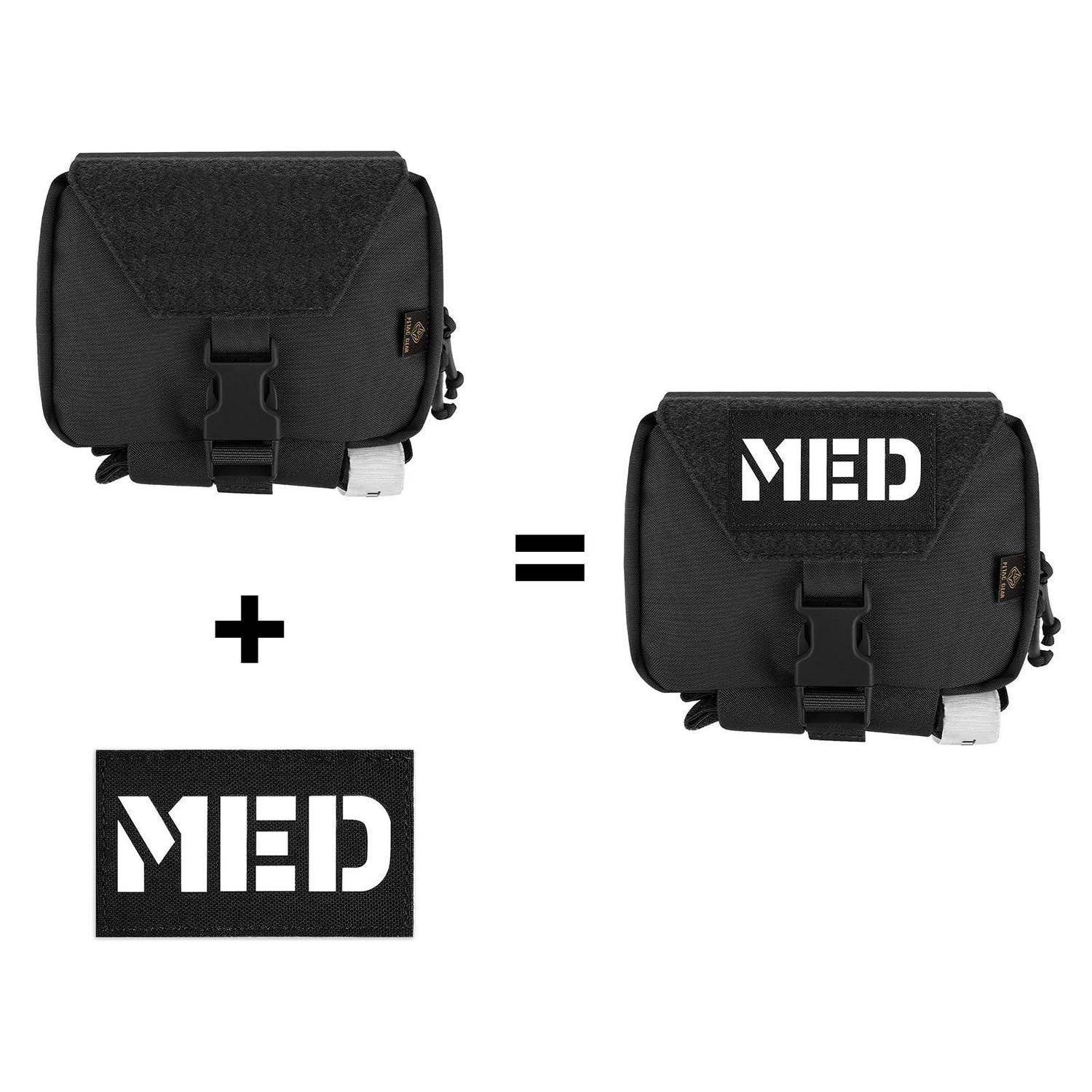 Schwarze Tasche mit einem angebrachten Klettverschluss-MED-Patch an der Vorderseite, dargestellt als Ergebnis der Kombination des Taschenbildes und des MED-Etiketts.