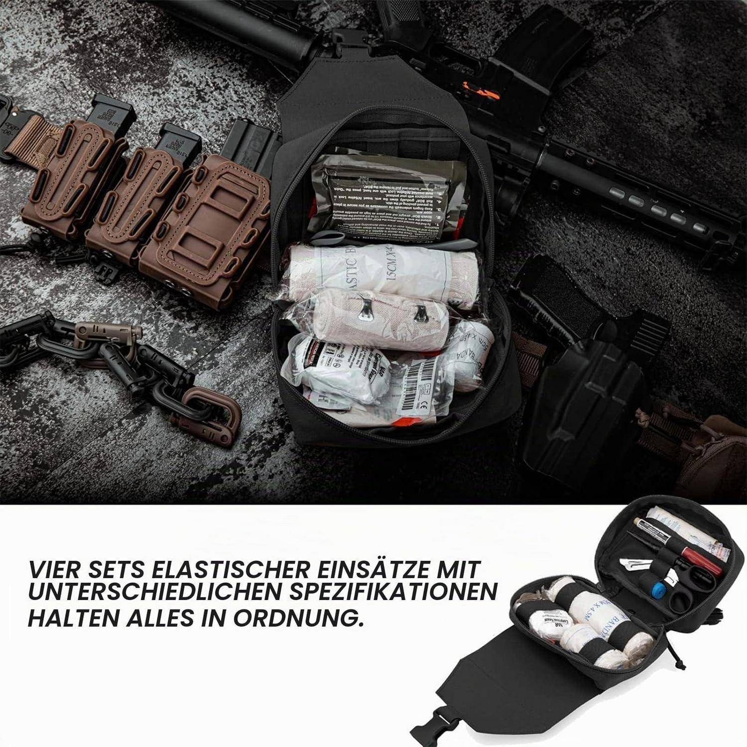 Organizer-Beutel mit elastischen Einsätzen und medizinischem Zubehör; der deutsche Text besagt, dass vier Sätze elastischer Einsätze mit unterschiedlichen Spezifikationen alles in Ordnung halten.