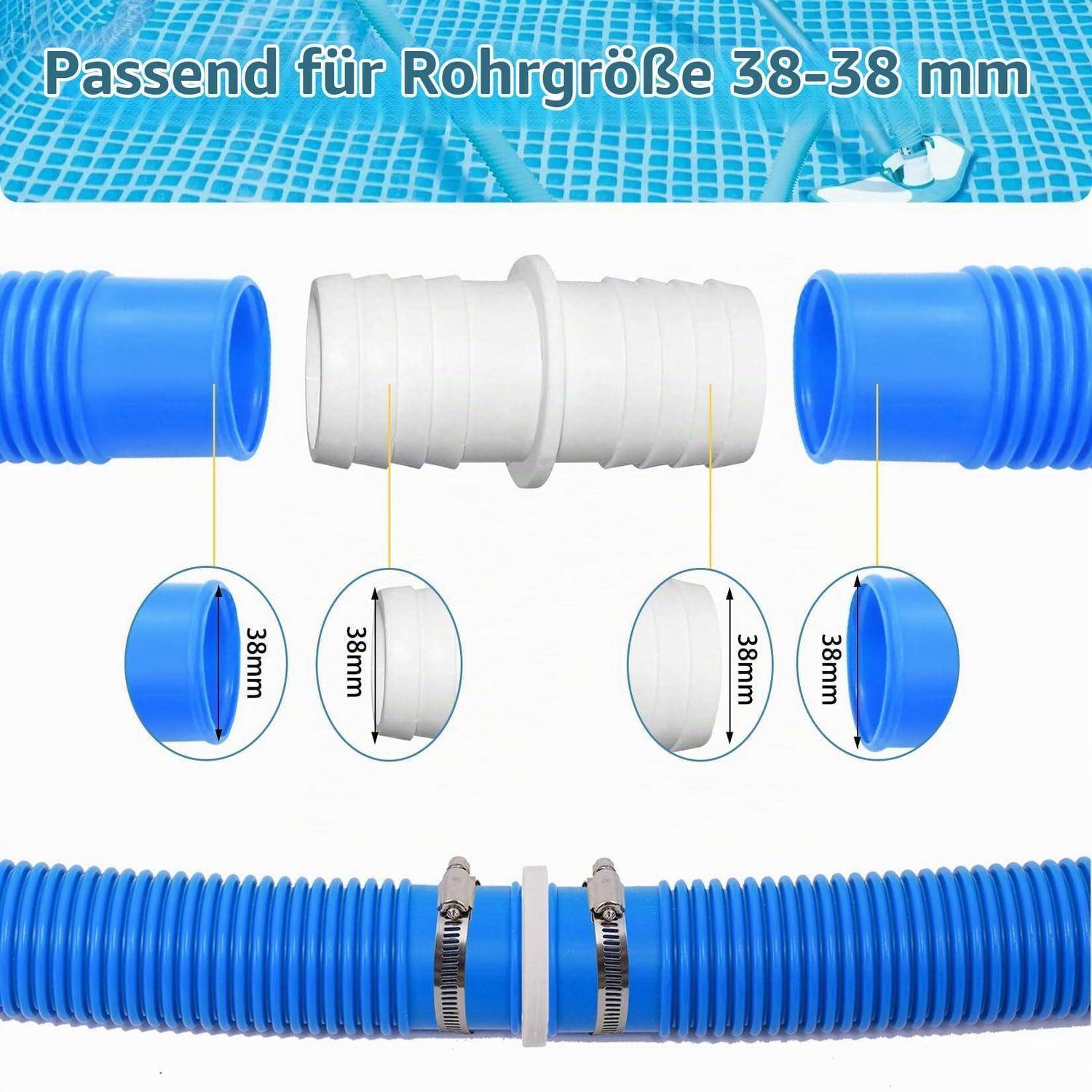 # Poolschlauchverbinder für 38–38 mm Schläuche, mit Beschriftung „Passend für Rohrgröße 38-38 mm