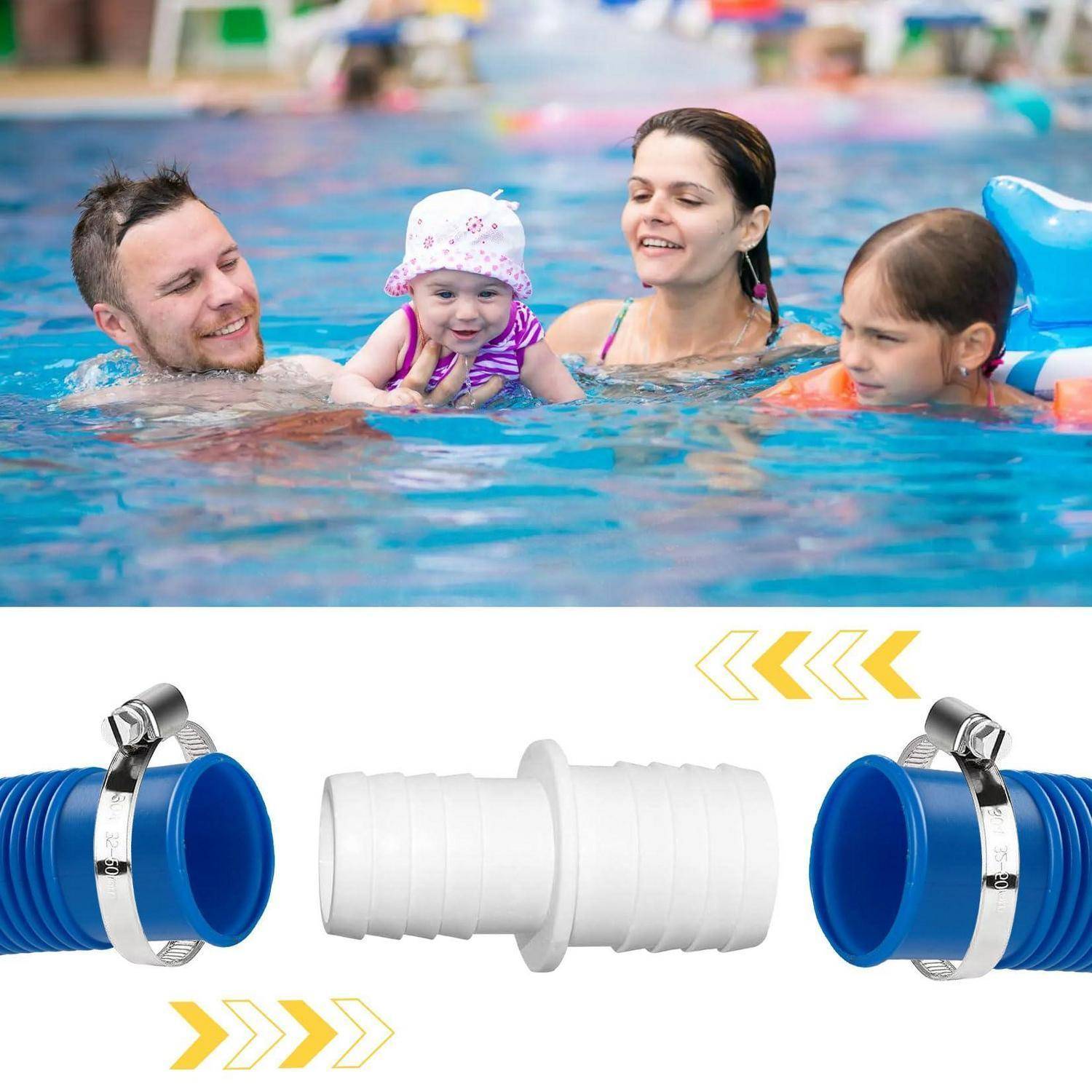 Familie in einem Schwimmbad mit einem Baby, plus ein Bild eines weißen Schlauchanschlusses, der zwei blaue Schlauchenden mit Metallklemmen verbindet.