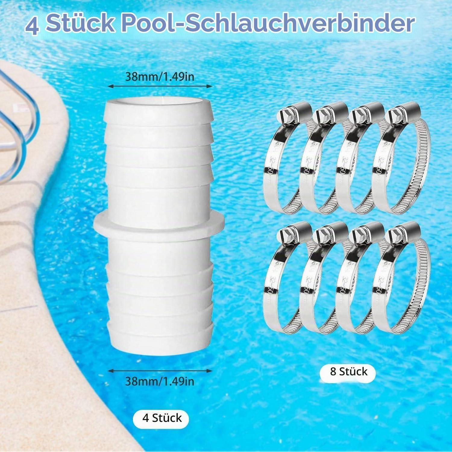 Produktbild von Pool-Schlauchverbindern: ein weißer 38-mm-Adapter mit 8 Metallschlauchschellen, beschriftet mit '4 Stück Pool-Schlauchverbinder' und '8 Stück'.