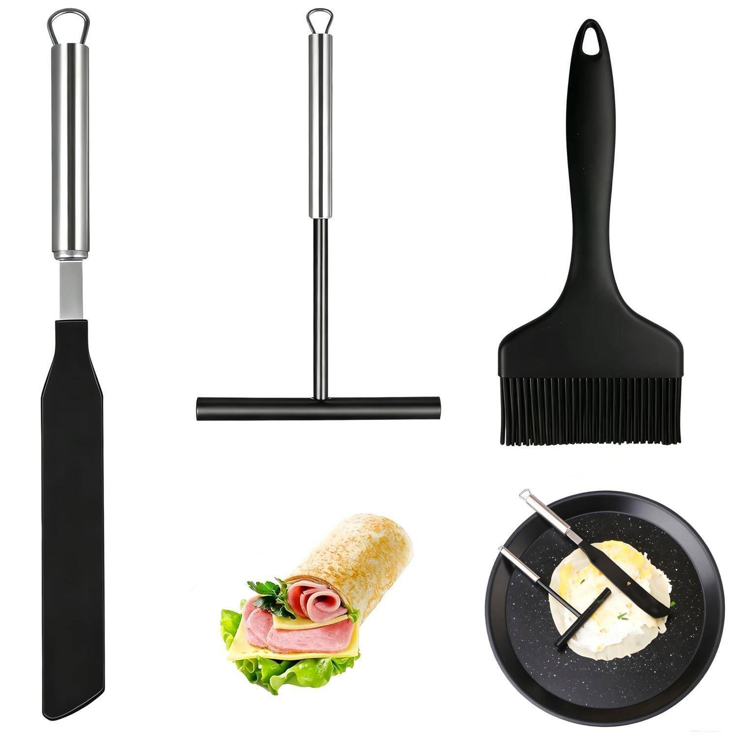 Satz von Küchenutensilien: Spatel, T-förmiger Schaber, Backpinsel, Sandwich-Folie und Bratpfanne mit Omelette und Zange.