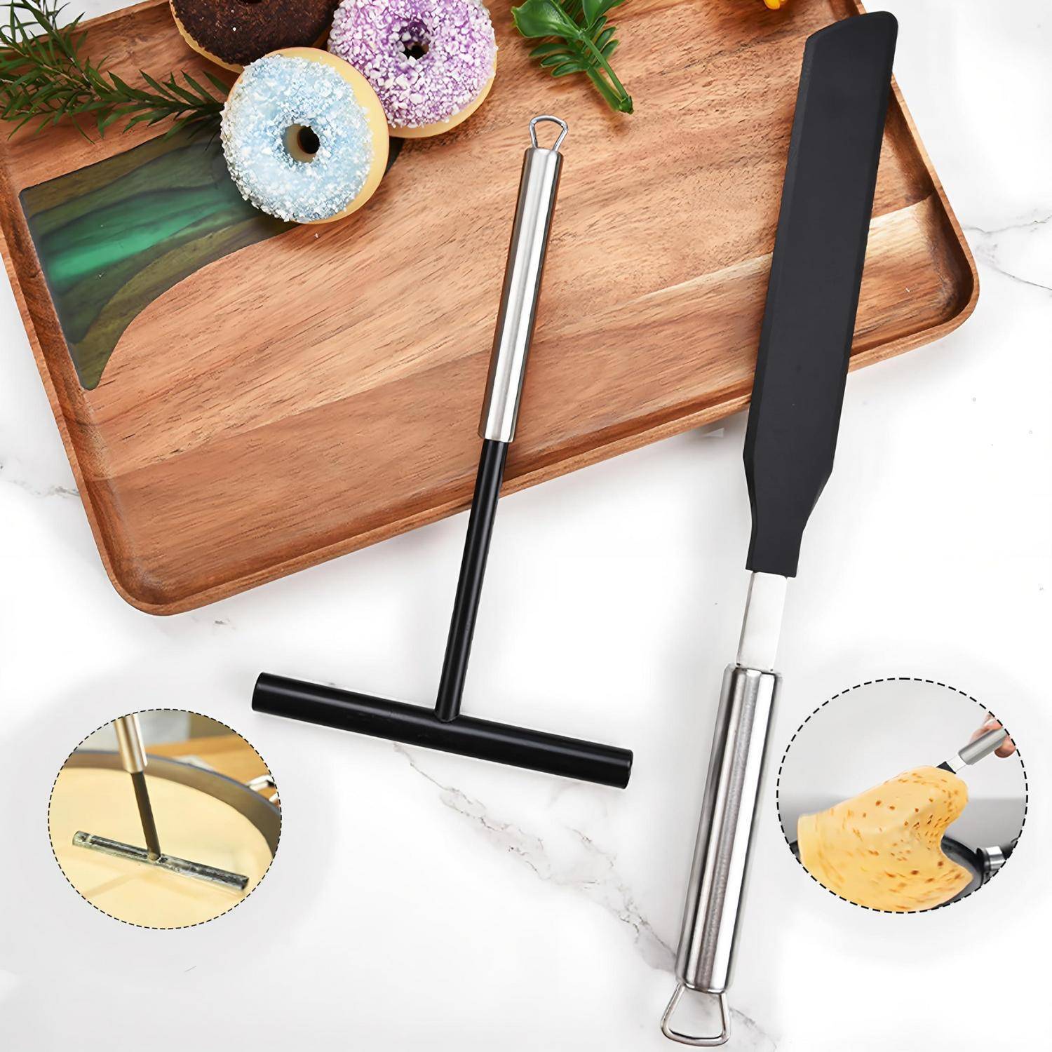Zwei silikonbeschichtete Küchenteigschaber und ein T-Griff-Werkstattschaber auf einem Holzschneidebrett mit Donuts, dargestellt als Produktbilder mit Nahaufnahmen.