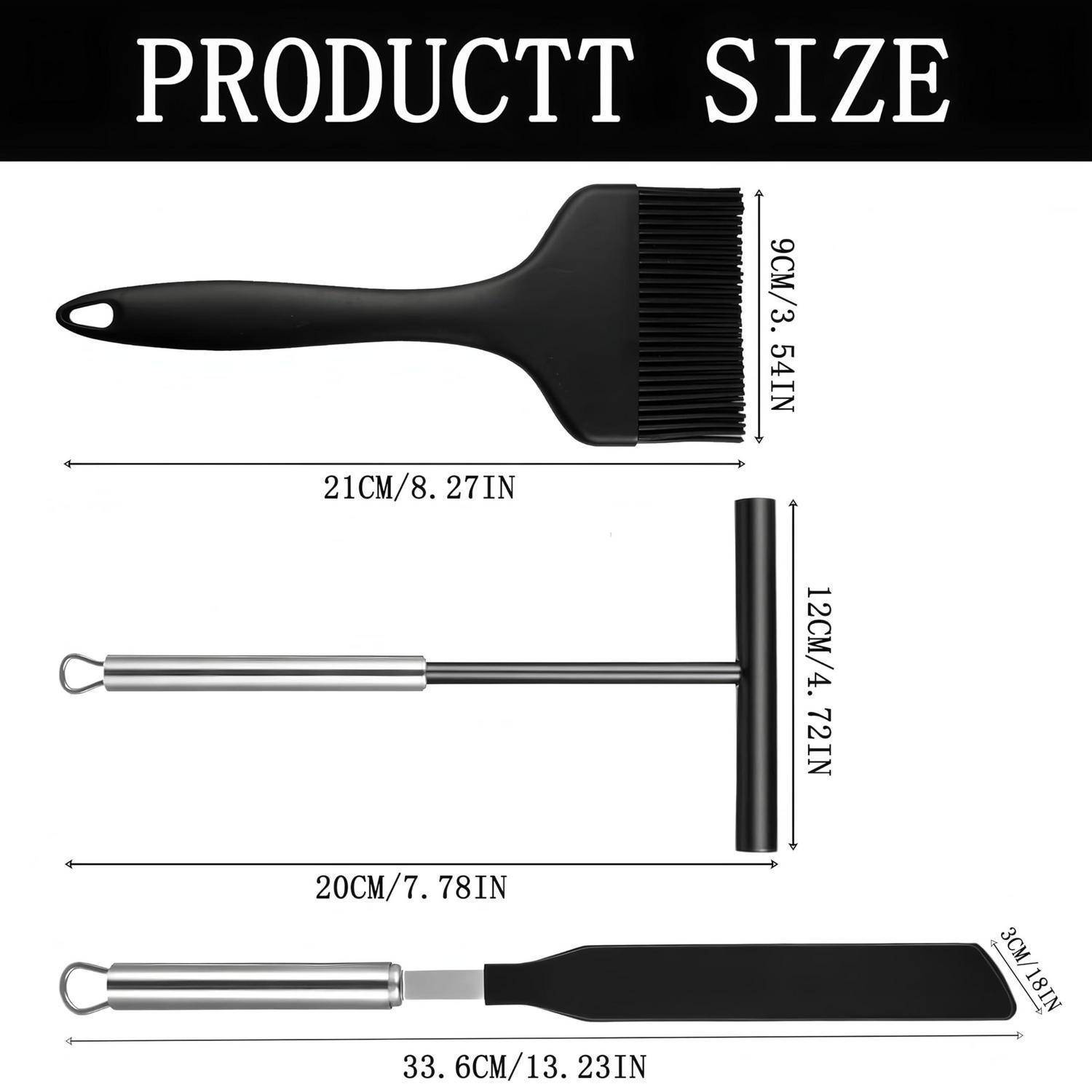 Produktgrößentabelle mit drei schwarzen Küchengeräten und Abmessungen: Teigbürste 21 cm lang, 9 cm breit; T-förmiges Gerät 20 cm lang, 12 cm hoch; Spatel 33,6 cm lang, 3 cm breit.