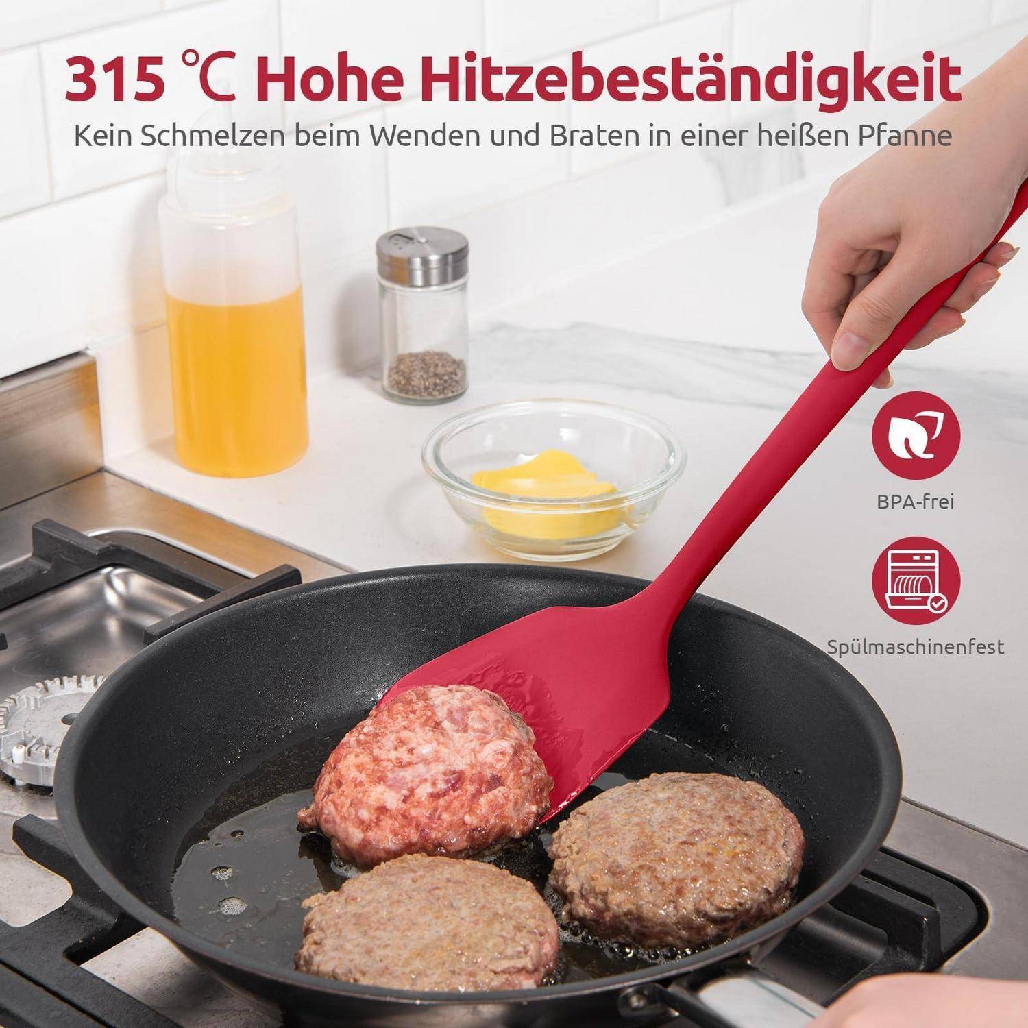 Küchenprodukt-Anzeige mit einem roten Silikonspachtel, der Burgerpatties in einer heißen Pfanne wendet; der Text besagt „Hitzebeständigkeit bis 315 °C