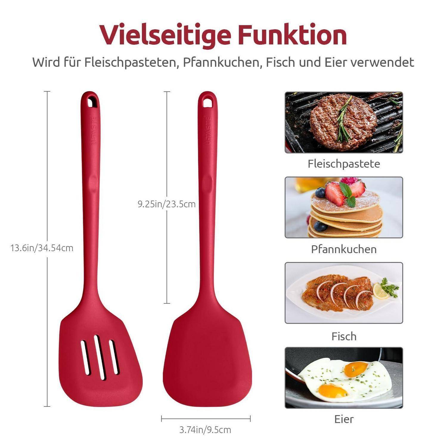 Deutsches Produktbild mit einem roten Spatel, 13,6 Zoll lang und 3,7 Zoll breit, gekennzeichnet als vielseitig einsetzbar für Fleischpaste, Pfannkuchen, Fisch und Eier.