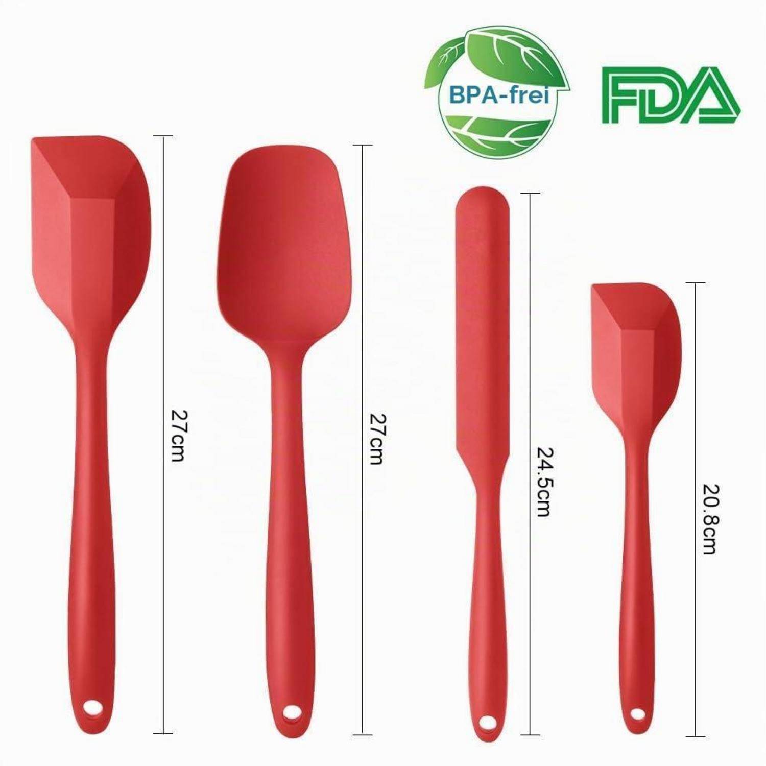 Produktbild von vier roten Silikonspachteln/Schabern in verschiedenen Größen, gekennzeichnet mit 27 cm, 24,5 cm und 20,8 cm, mit BPA-frei- und FDA-Symbolen.