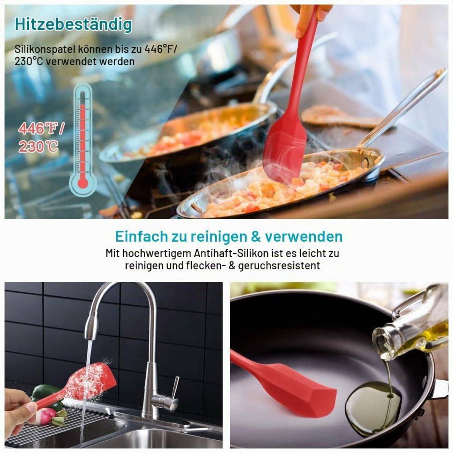 Werbegrafik für einen roten Silikonspatel, die zeigt, dass er hitzebeständig bis 230°C/446°F ist und leicht zu reinigen, antihaftbeschichtet und geruchsresistent ist.