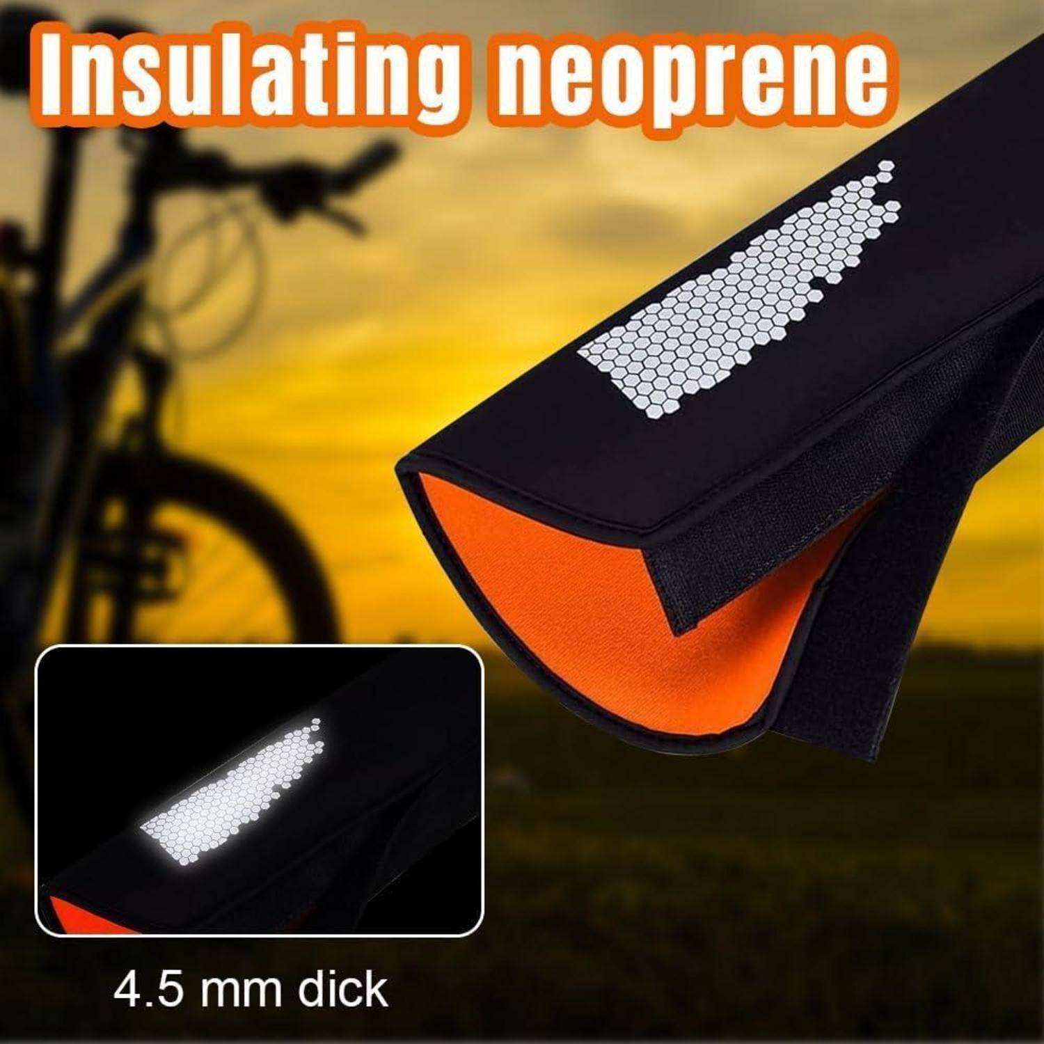 Werbebild aus isolierendem Neopren-Stoff, beschriftet mit „Isolierendes Neopren" und „4,5 mm dick"", zeigt schwarzes Material mit orangefarbenem Futter und reflektierendem Sechskantmuster.