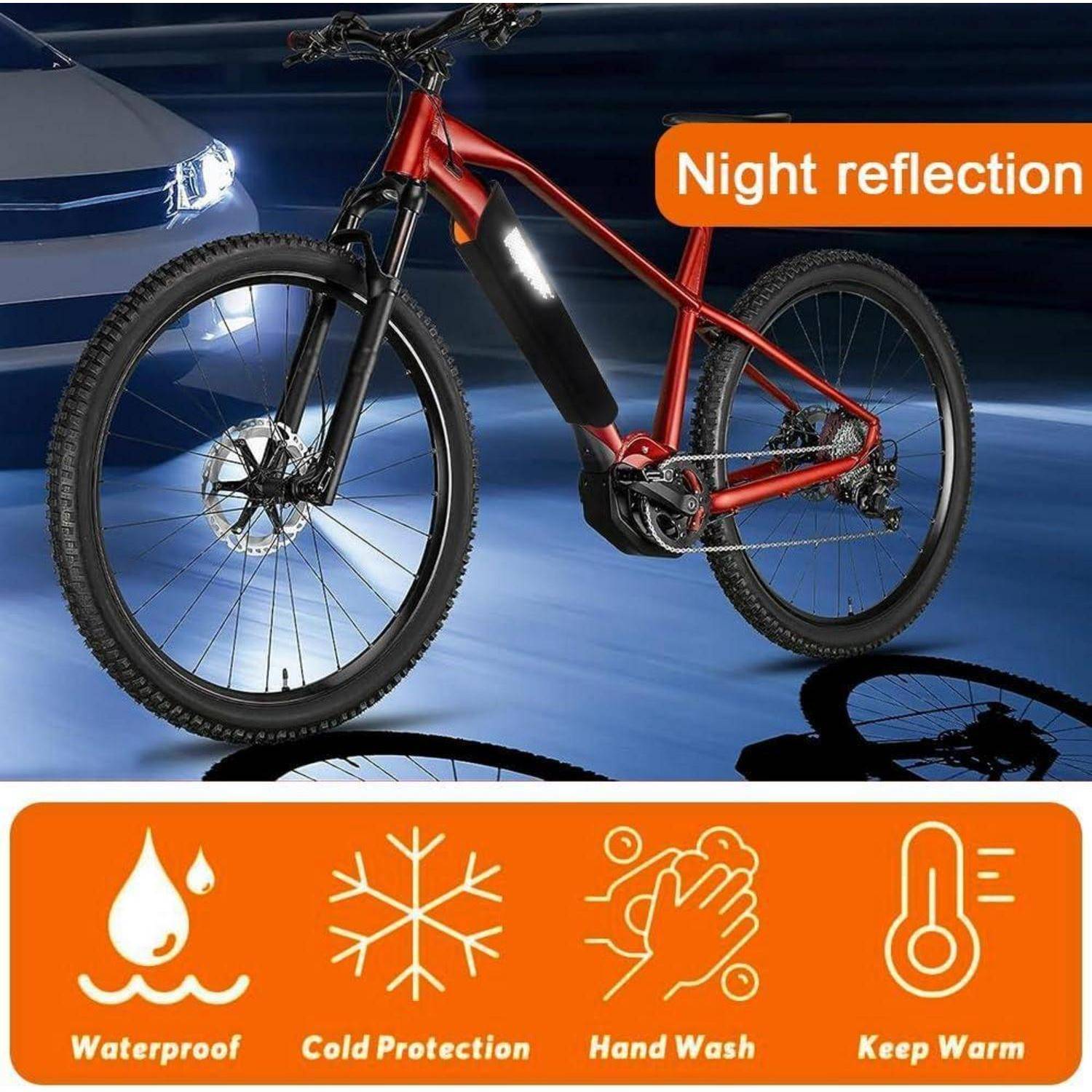 Rotes Elektrofahrrad auf einer glänzenden blauen Oberfläche, nachts mit Spiegelungen gezeigt; Symbole unten sagen "Wasserdicht"", ""Kälteschutz"", ""Handwäsche"", ""Warm halten"".