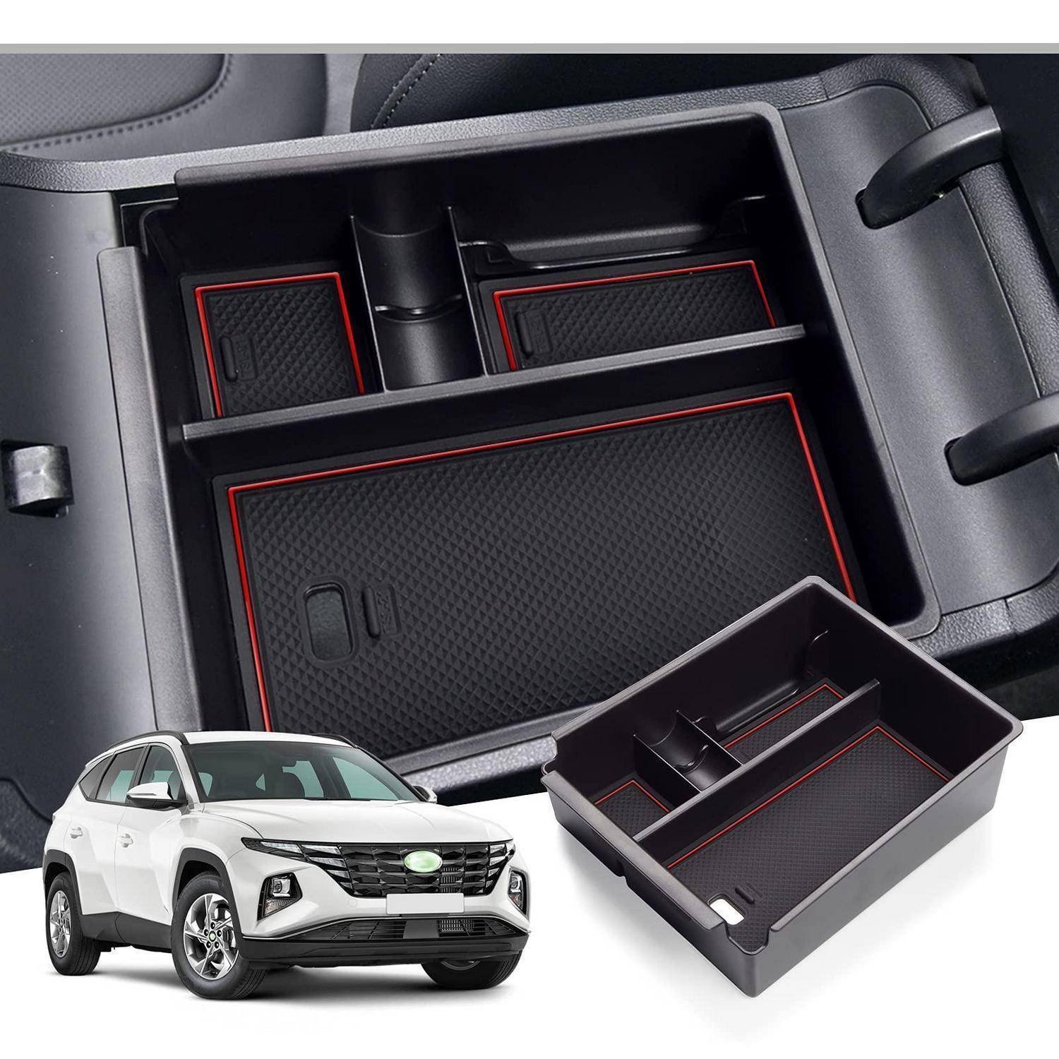 Aufbewahrungsorganizer für die Mittelkonsole des Autos mit rotem Rand, shown installed in a vehicle and as a removable insert beside a white SUV.