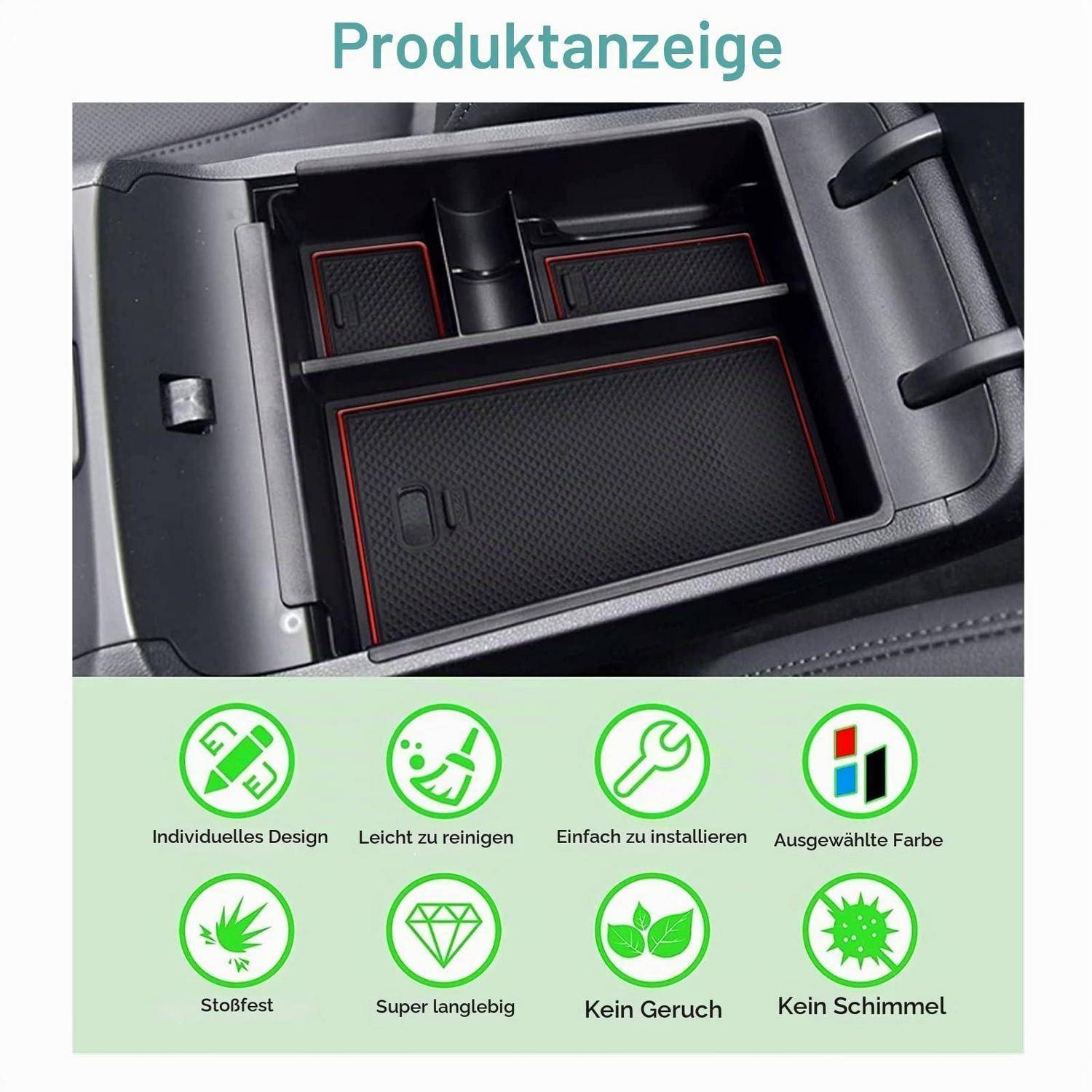 Kofferraum-Organizer-Einsatz mit maßgeschneiderten schwarzen strukturierten Fächern, beschriftet mit "Produktanzeige"", sowie Symbole für einfache Reinigung, Installation, Langlebigkeit, geruchlos und schimmelfrei.