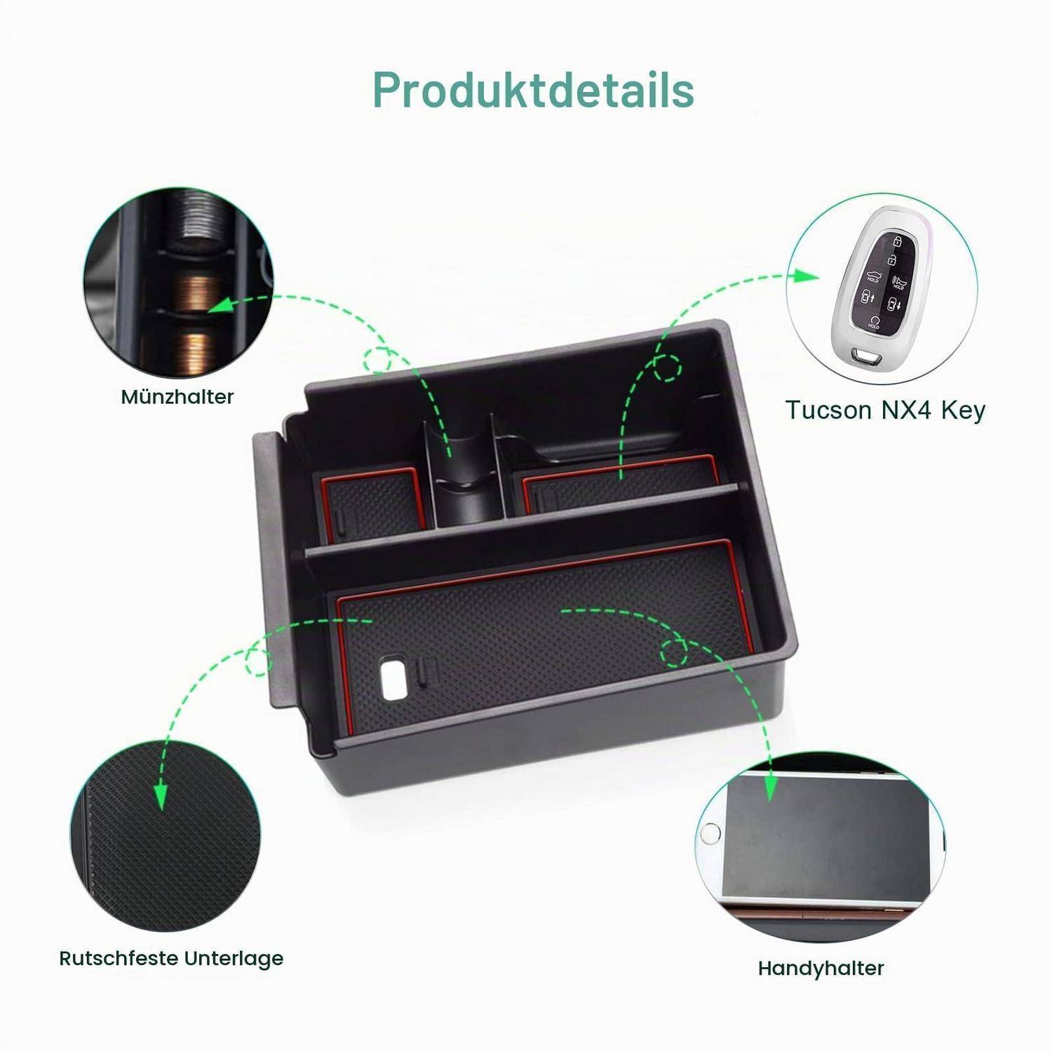 Produktdetailbild eines Mittelkonsolen-Organizers für Autos mit Fächern für Münzen, einen Tucson NX4-Schlüssel und ein Telefon, sowie einer rutschfesten Basis.