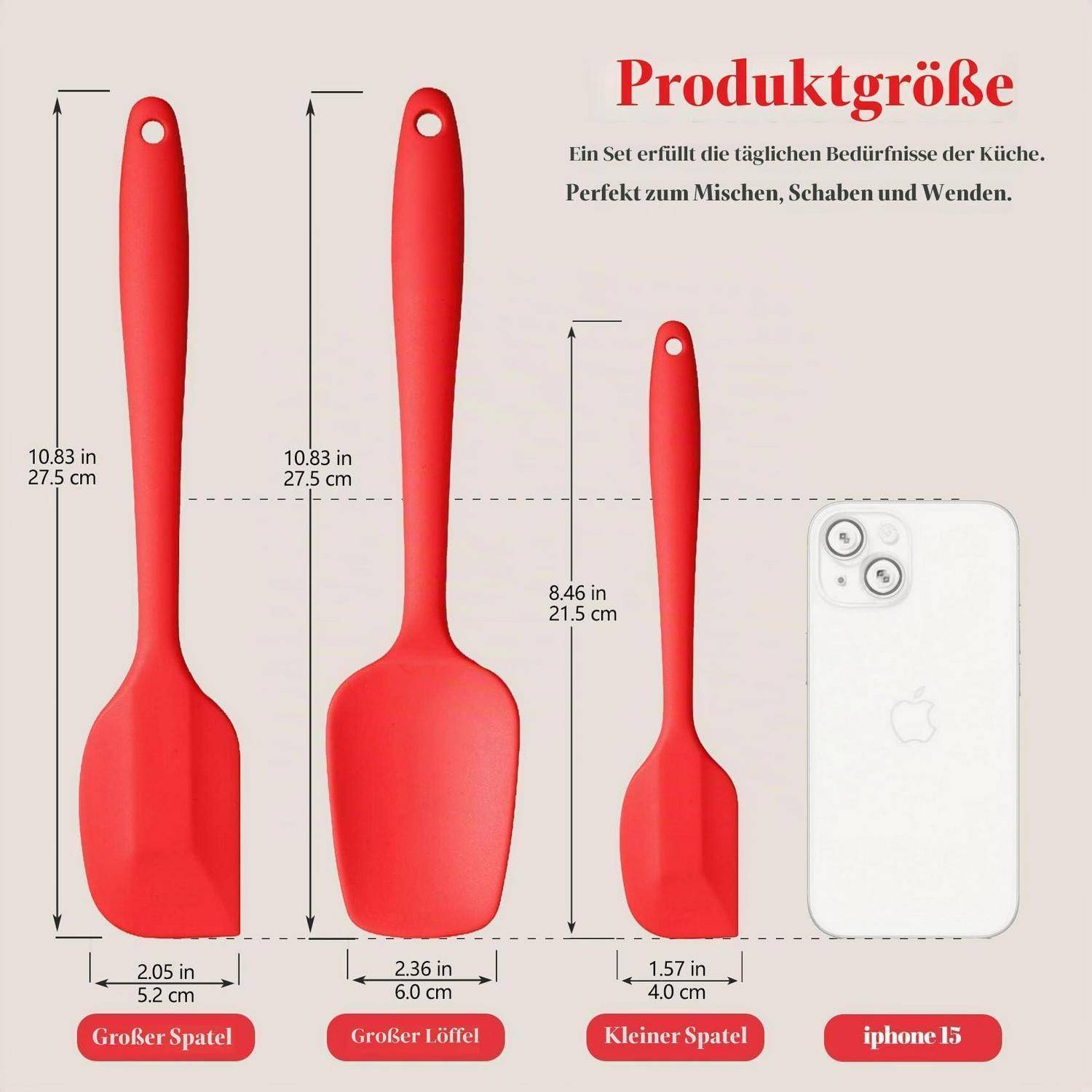 Produktgrößenvergleichsgrafik mit drei roten Küchenutensilien und einem iPhone 15; Beschriftungen geben Höhen und Breiten für großen Spatel, großen Löffel und kleinen Spatel an.