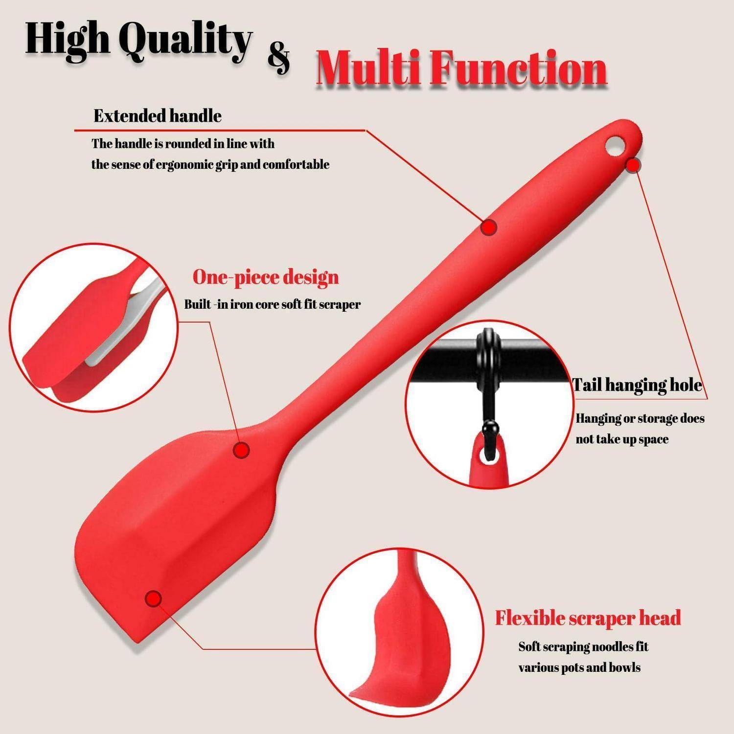 Roter Mehrzweck-Küchenschaber/Spachtel mit verlängertem Griff, einteiliges Design, Aufhängeloch und flexibler Schaberkopf, beschriftet mit 